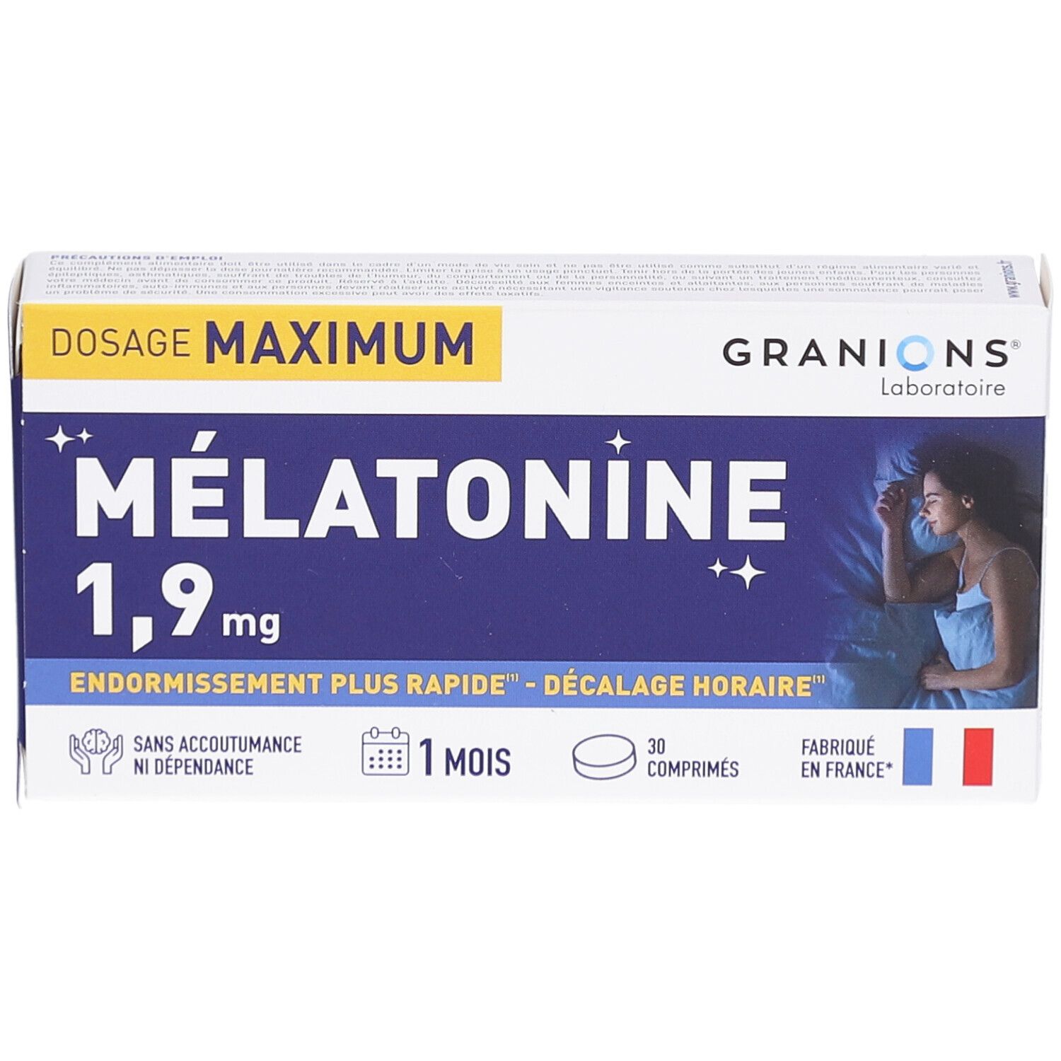 Boîte GRANIONS Mélatonine 1,9mg. Inscription bleue, femme dormant. 30 comprimés, 1 mois. Fabriqué en France.