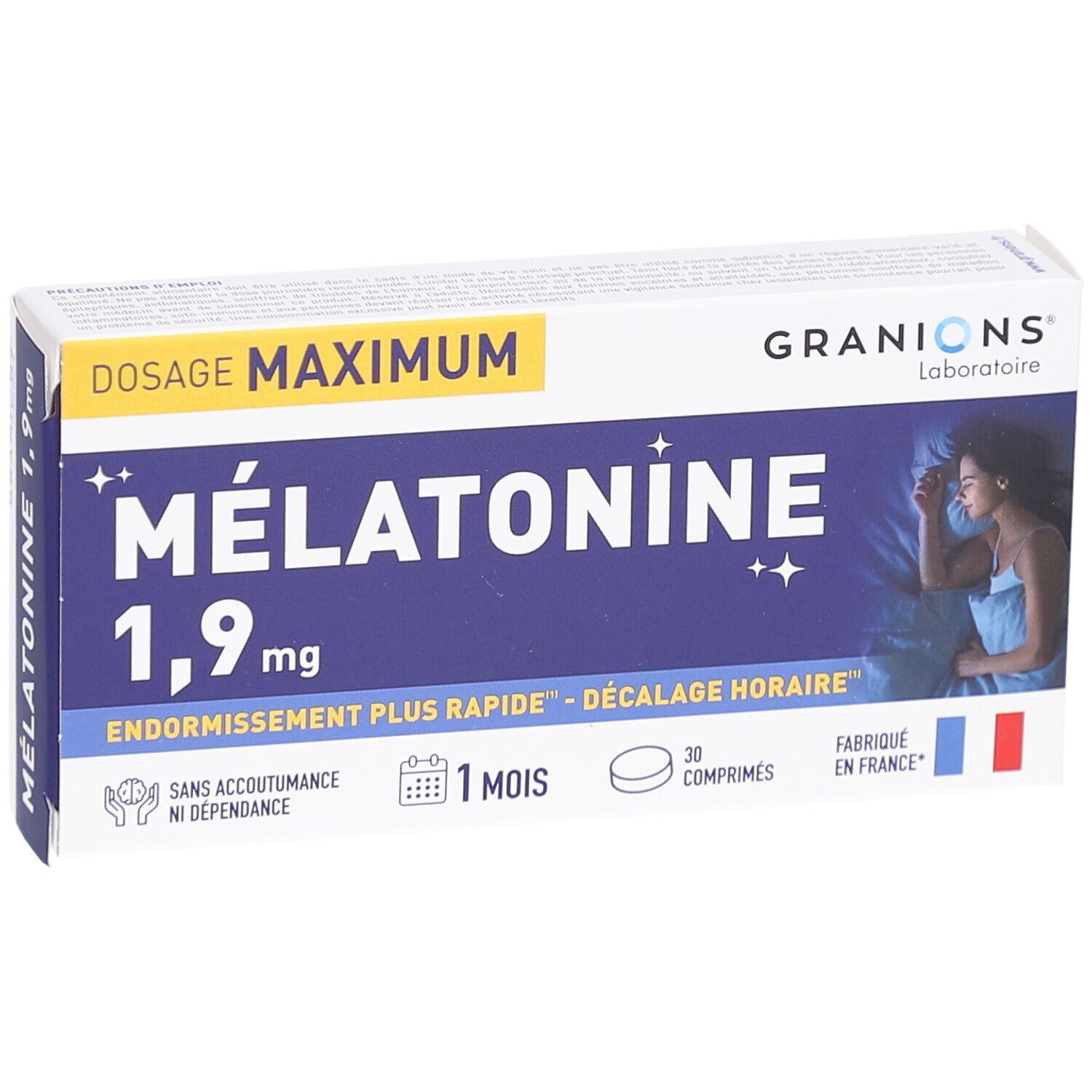 Boîte GRANIONS Mélatonine 1,9mg. Inscription bleue, femme dormant. 30 comprimés, 1 mois. Fabriqué en France.