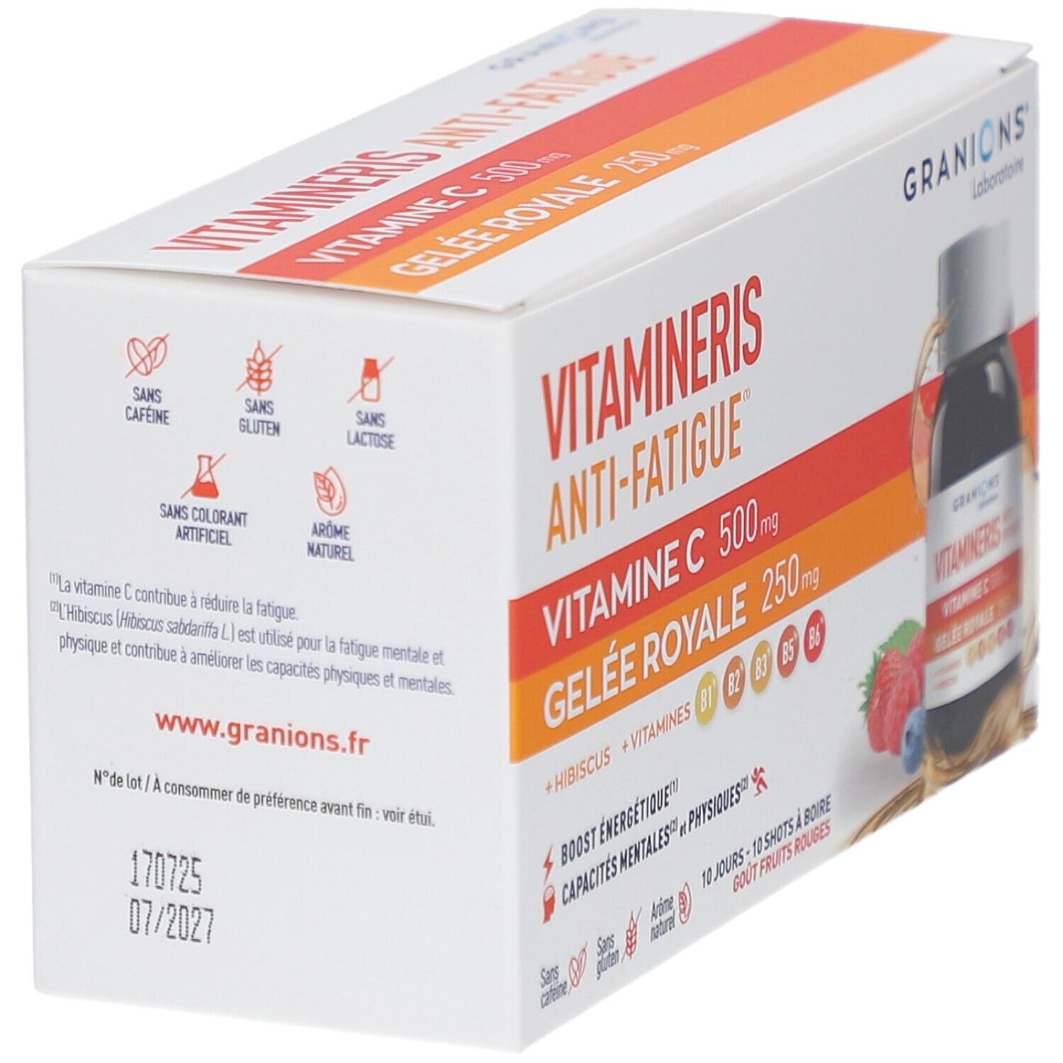 Boîte VITAMINERIS ANTI-FATIGUE. Inscription: VITAMINE C 500mg, Gelée Royale 250mg. Marque: GRANIONS. Texte: Sans caféine, gluten, lactose, colorant artificiel.