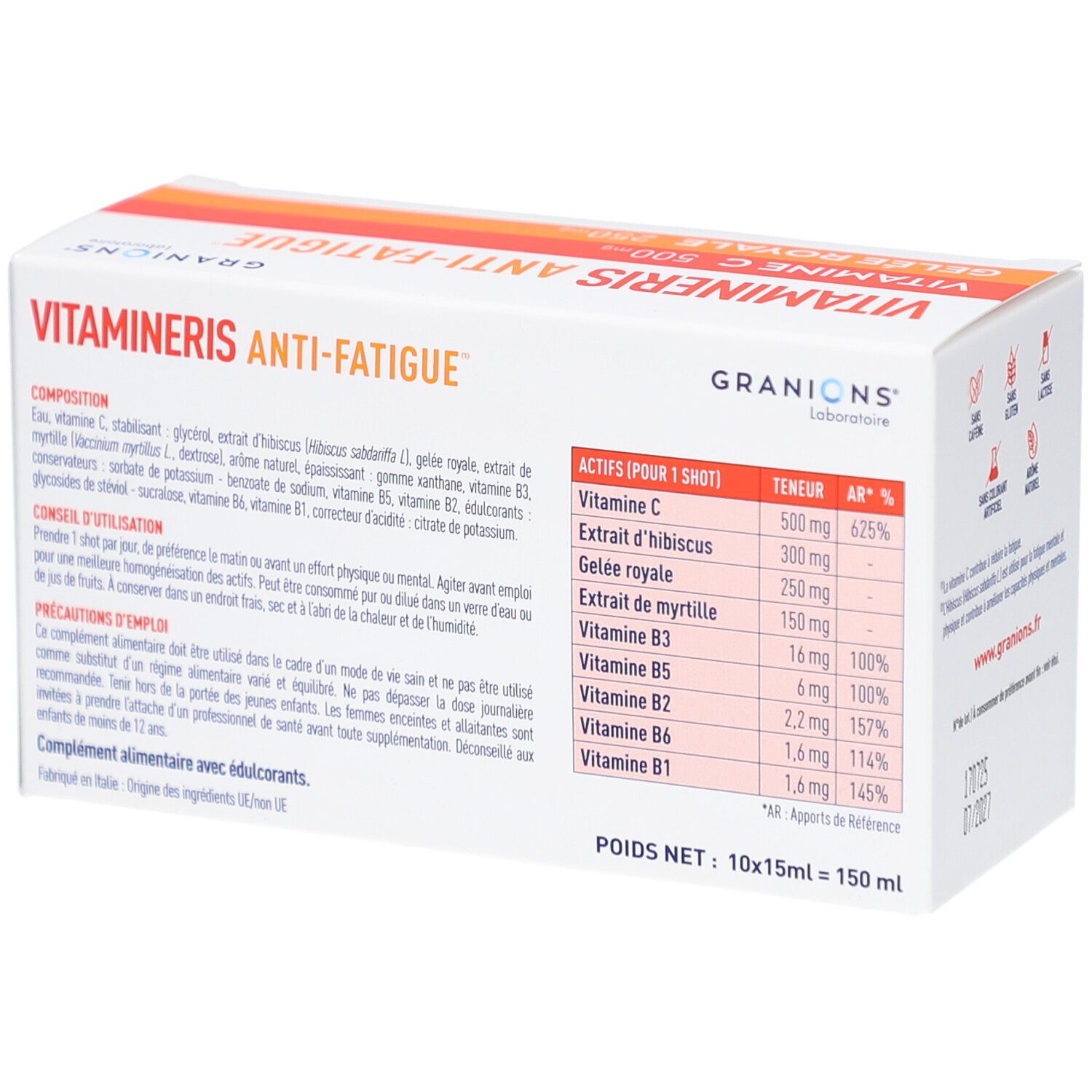 Boîte VITAMINERIS ANTI-FATIGUE. Contient des informations sur les ingrédients et les valeurs nutritionnelles. Marque: GRANIONS. Texte: Poids net: 10x15ml = 150ml.