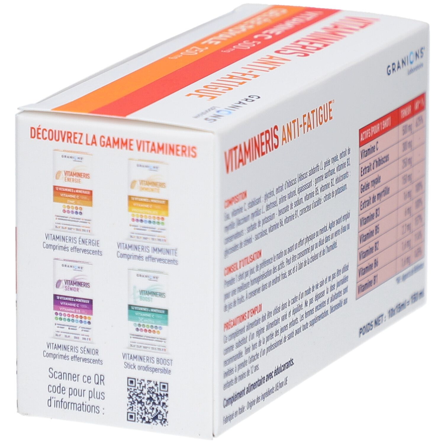 Boîte VITAMINERIS ANTI-FATIGUE. Montre d'autres produits de la marque GRANIONS. Code QR à scanner. Texte: DÉCOUVREZ LA GAMME VITAMINERIS.
