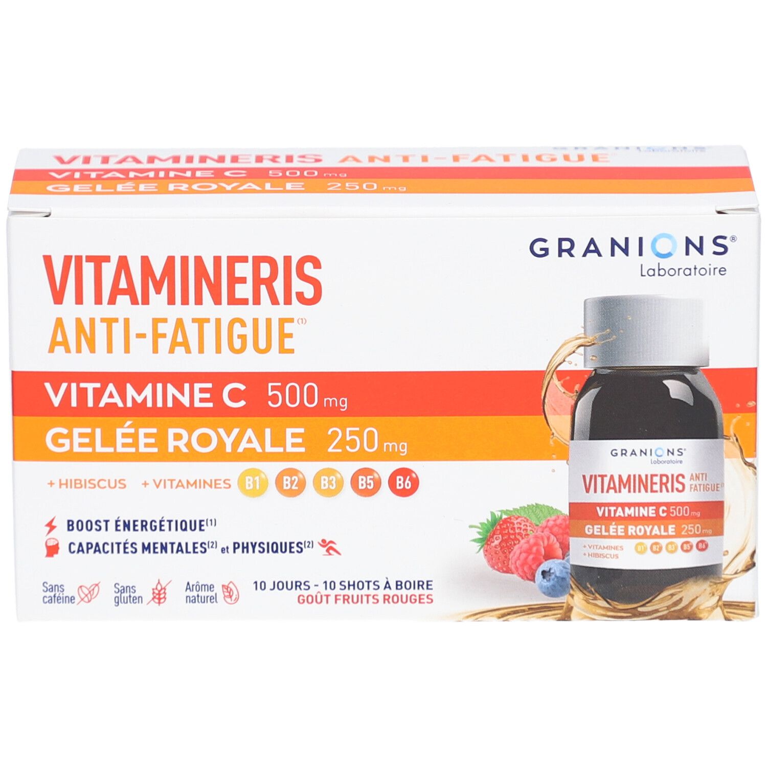 Boîte VITAMINERIS ANTI-FATIGUE. Contient 10 shots. Inscription: VITAMINE C 500mg, Gelée Royale 250mg. Marque: GRANIONS. Image d'une bouteille.