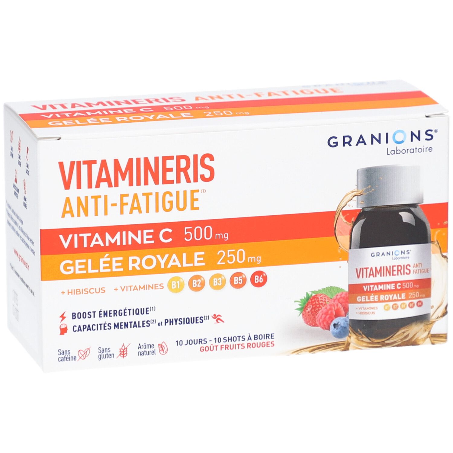 Boîte VITAMINERIS ANTI-FATIGUE. Contient 10 shots. Inscription: VITAMINE C 500mg, Gelée Royale 250mg. Marque: GRANIONS. Image d'une bouteille.
