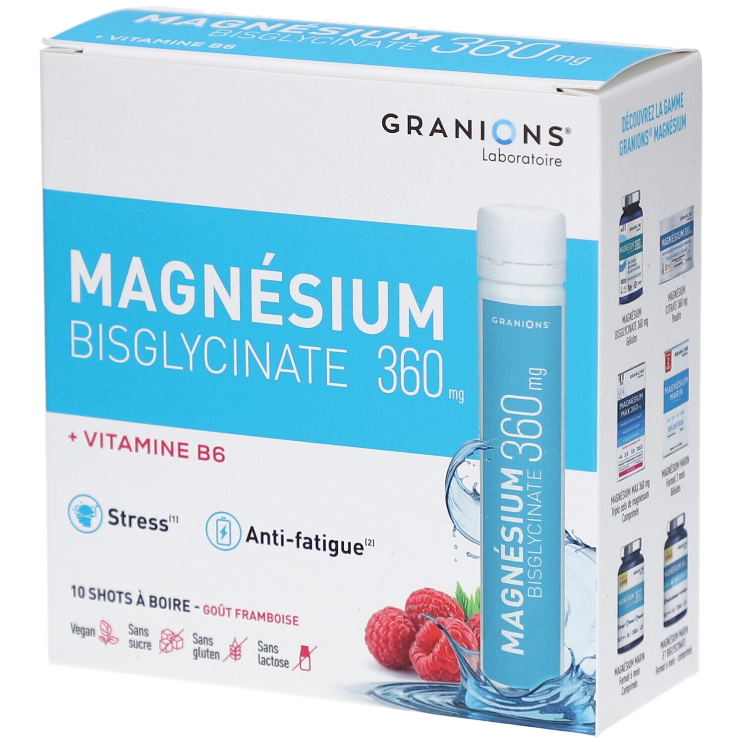 Boîte de GRANIONS Magnésium Bisglycinate 360 mg. Contient 10 shots. Emballage bleu et blanc avec des framboises.