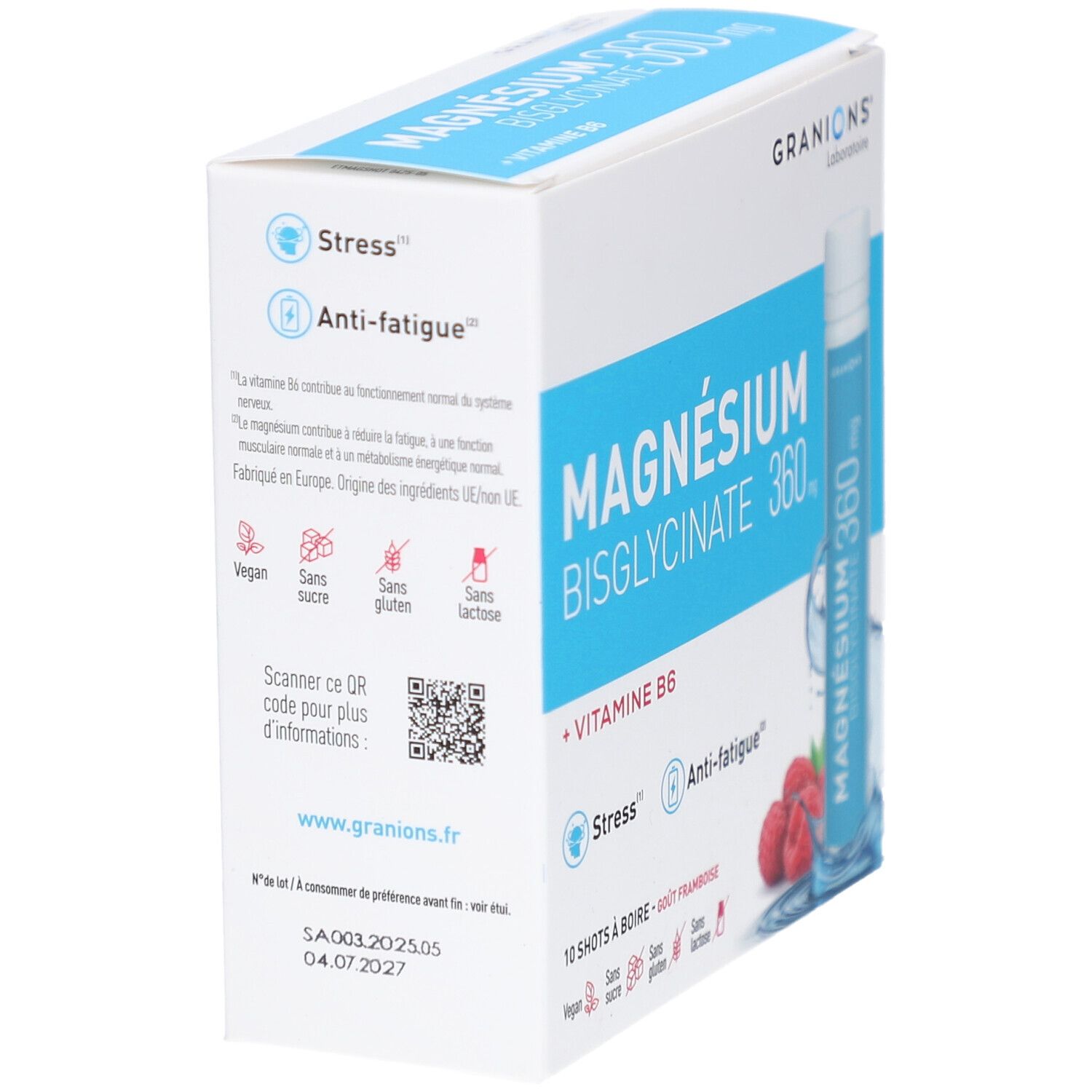 Dos de la boîte de GRANIONS Magnésium Bisglycinate 360 mg. Contient des informations et un code QR.