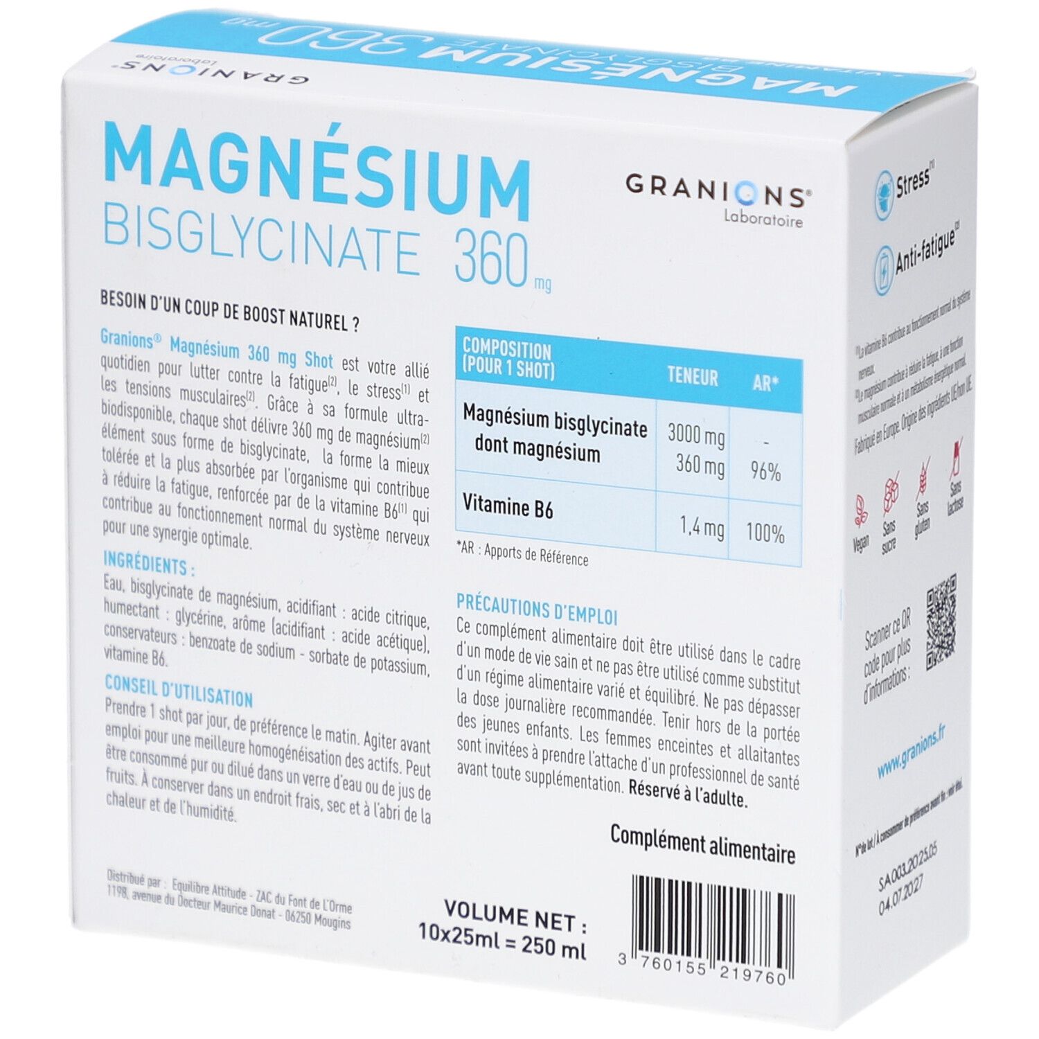 Boîte de GRANIONS Magnésium Bisglycinate 360 mg. Contient des informations sur les ingrédients et l'utilisation.
