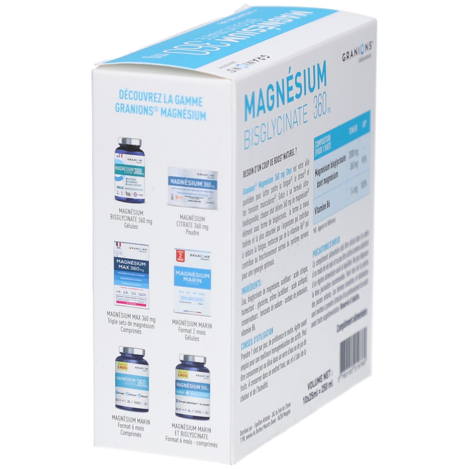 Dos de la boîte de GRANIONS Magnésium Bisglycinate 360 mg. Présente d'autres produits de la marque.
