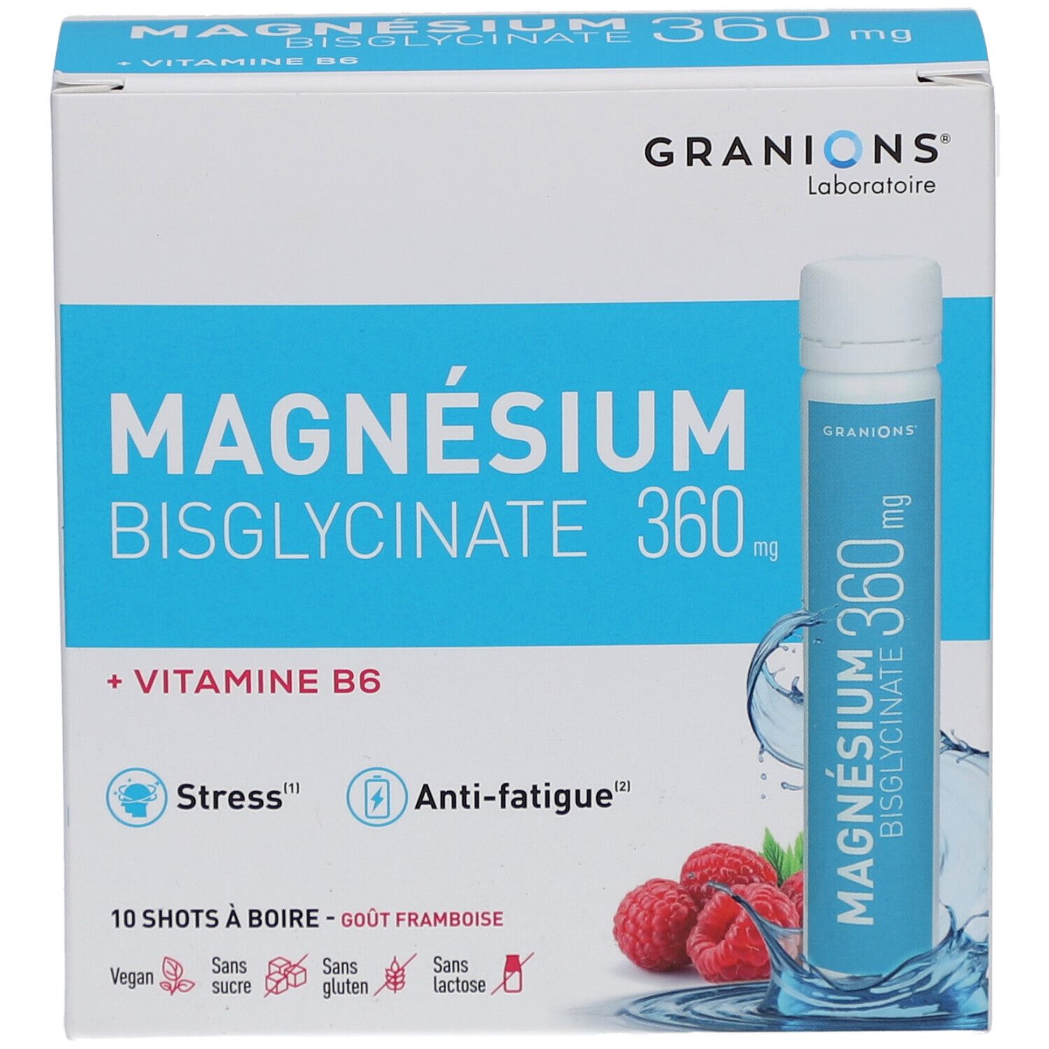 Boîte de GRANIONS Magnésium Bisglycinate 360 mg. Contient 10 shots. Emballage bleu et blanc avec des framboises.