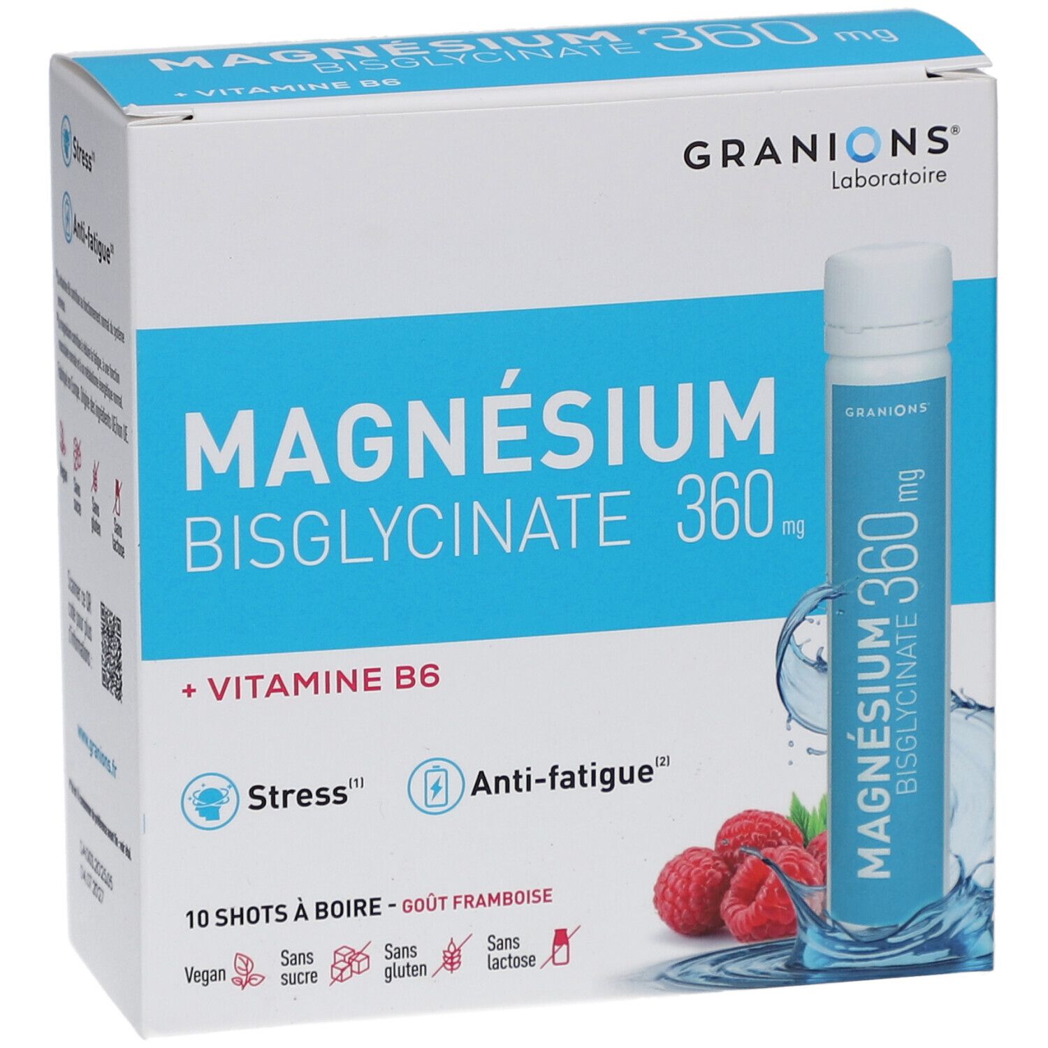 Boîte de GRANIONS Magnésium Bisglycinate 360 mg. Contient 10 shots. Emballage bleu et blanc avec des framboises.