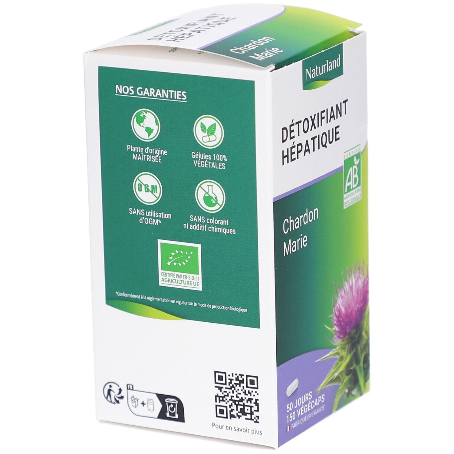 Dos de l'emballage. Logos: Plante d'origine maîtrisée, Gélules 100% végétales, Sans OGM, Sans colorant ni additifs chimiques. Code QR.