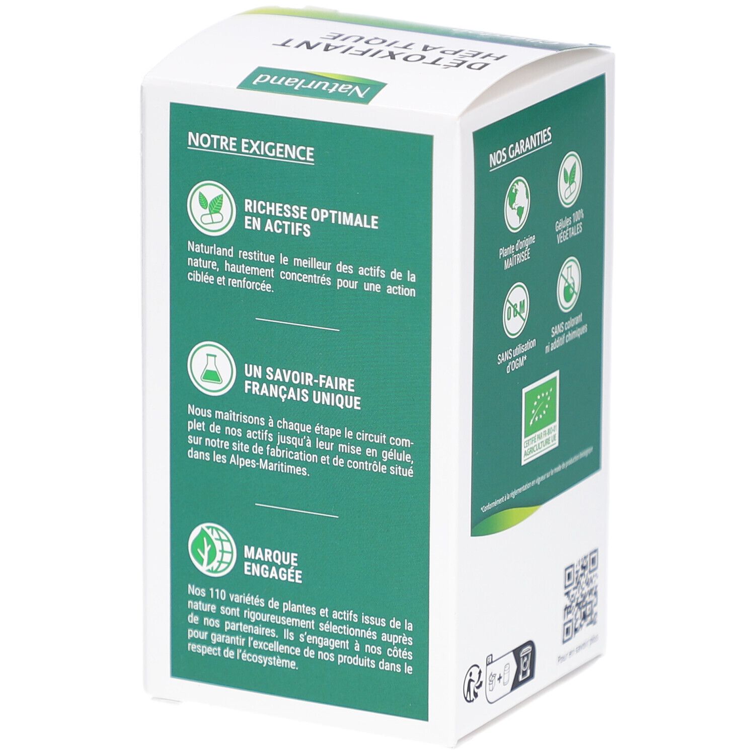 Côté de l'emballage. Texte: Richesse optimale en actifs, Un savoir-faire français unique, Marque engagée. Certification AB-Bio.