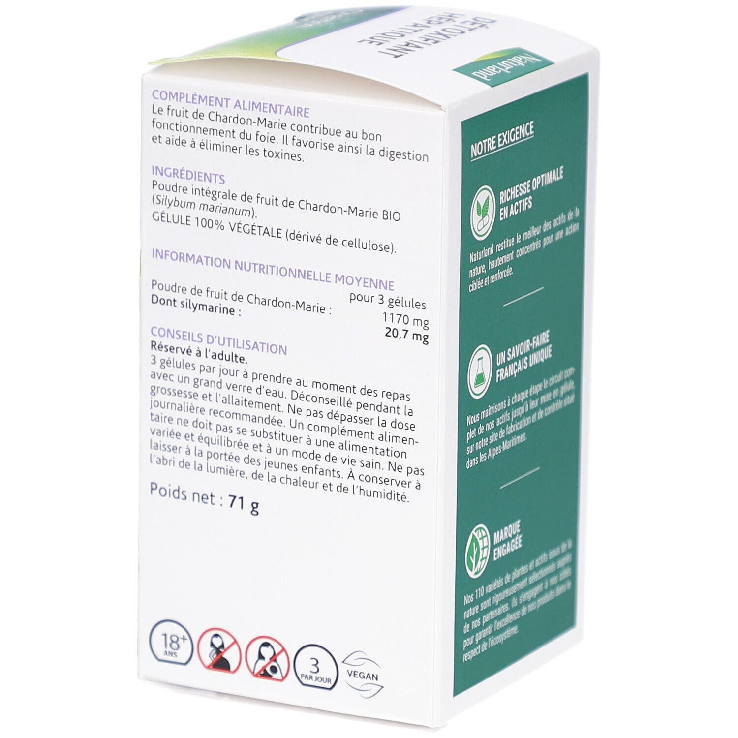 Dos de l'emballage. Texte: Complement alimentaire, Ingrédients, Informations nutritionnelles, Conseils d'utilisation. Poids: 71 g. Logo vegan.