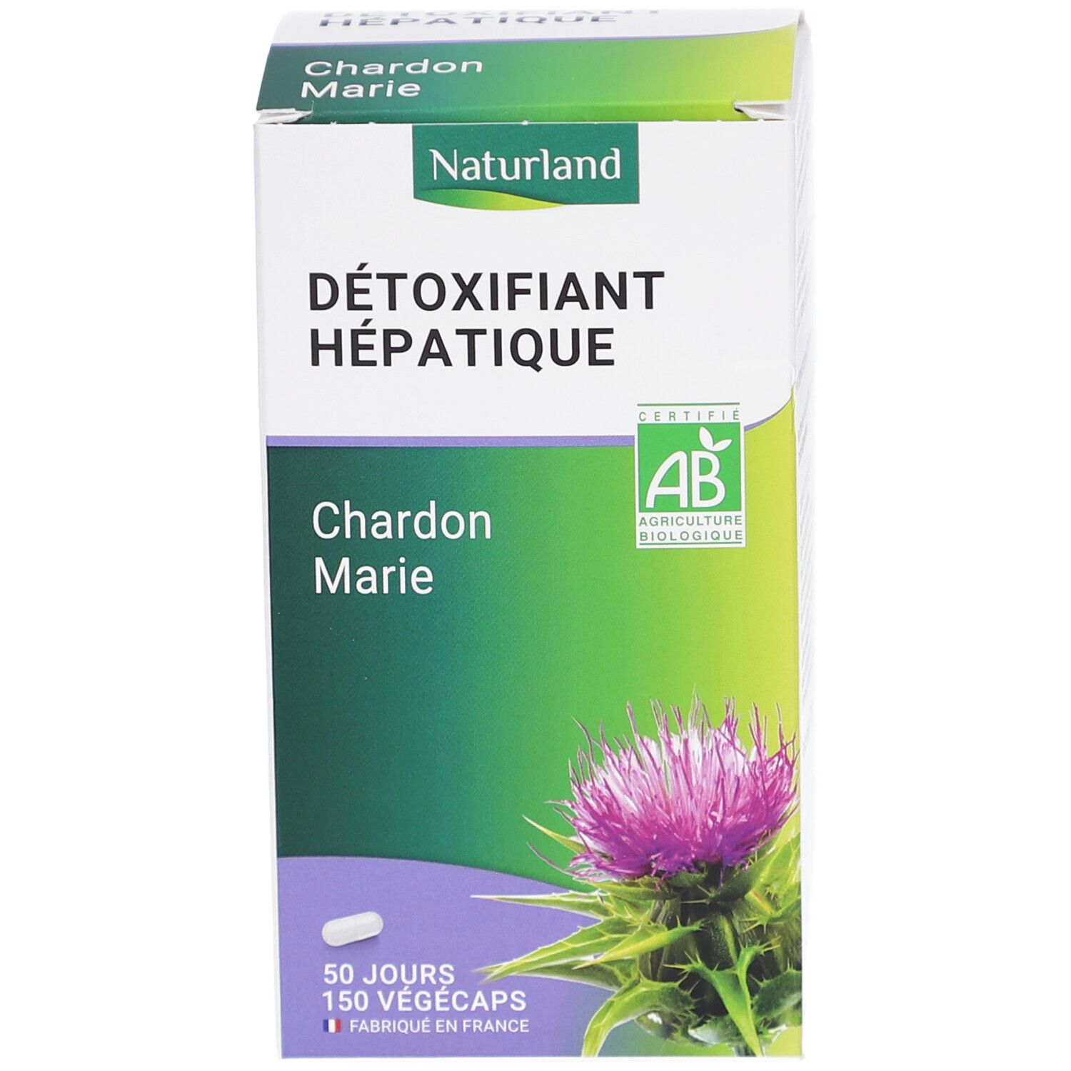 Boîte blanche et verte. Inscription: DÉTOXIFIANT HÉPATIQUE, Chardon Marie. Illustration d'une fleur de chardon. Certification AB-Bio.