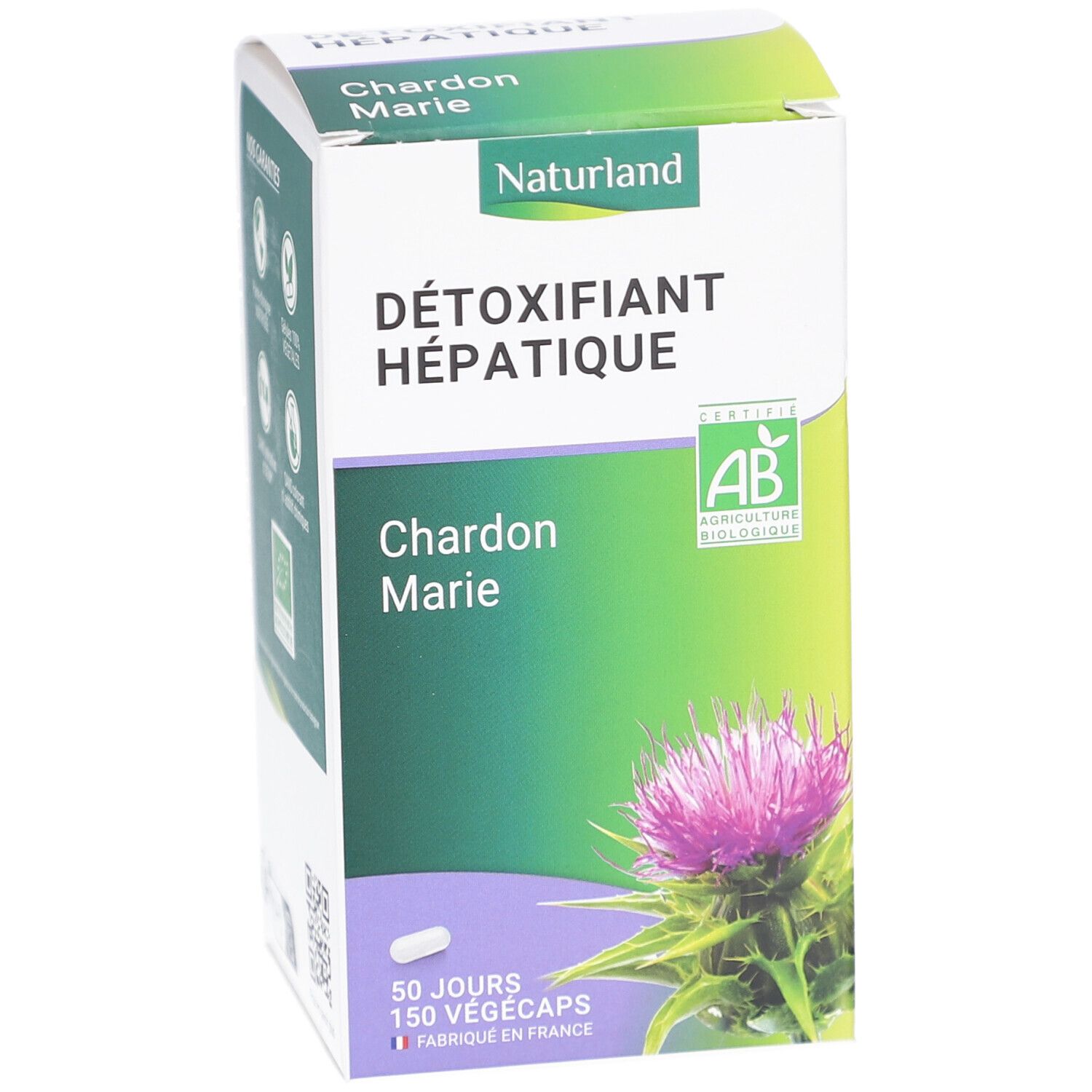 Boîte blanche et verte. Inscription: DÉTOXIFIANT HÉPATIQUE, Chardon Marie. Illustration d'une fleur de chardon. Certification AB-Bio.