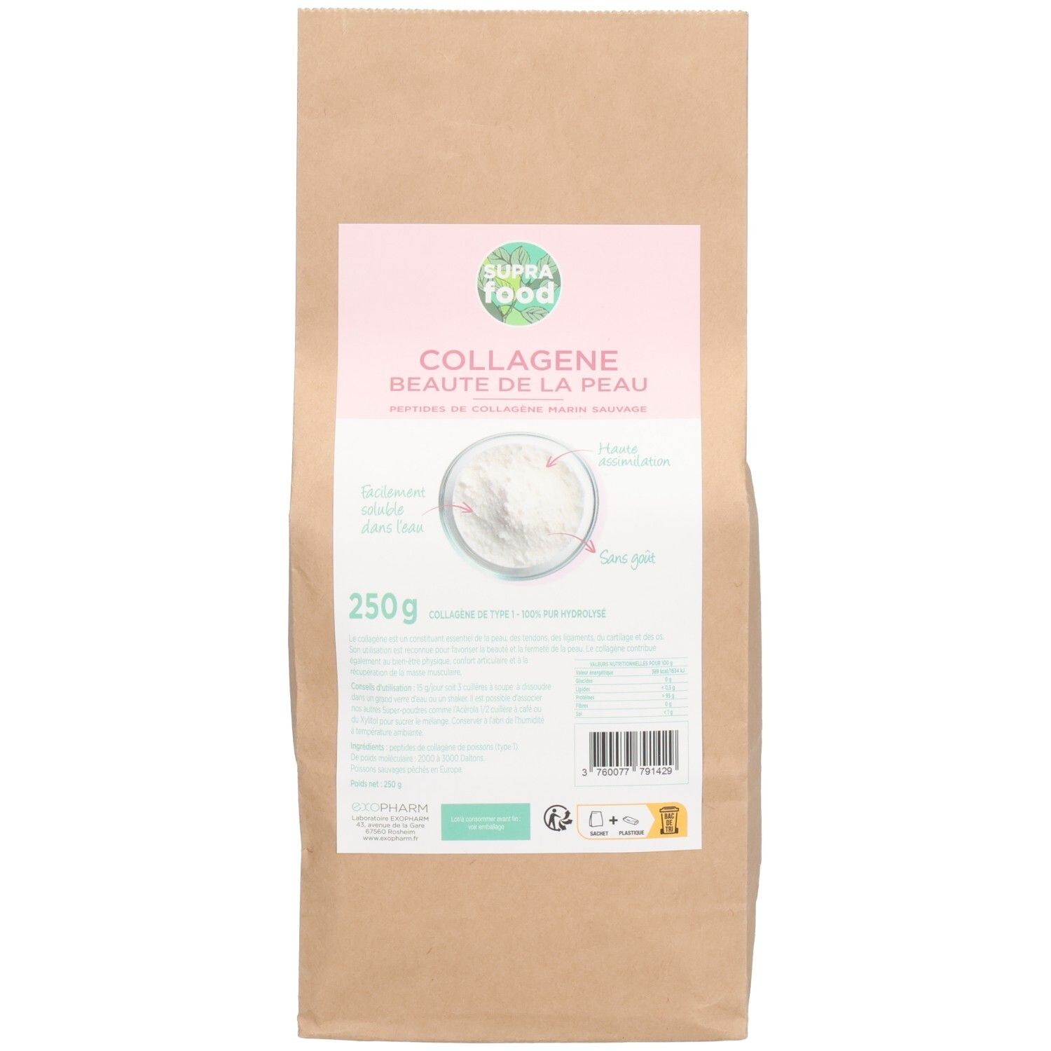 Sachet en papier avec étiquette rose. Texte: SUPRAFOOD, COLLAGENE, 250g. Illustration de poudre. Certifications.