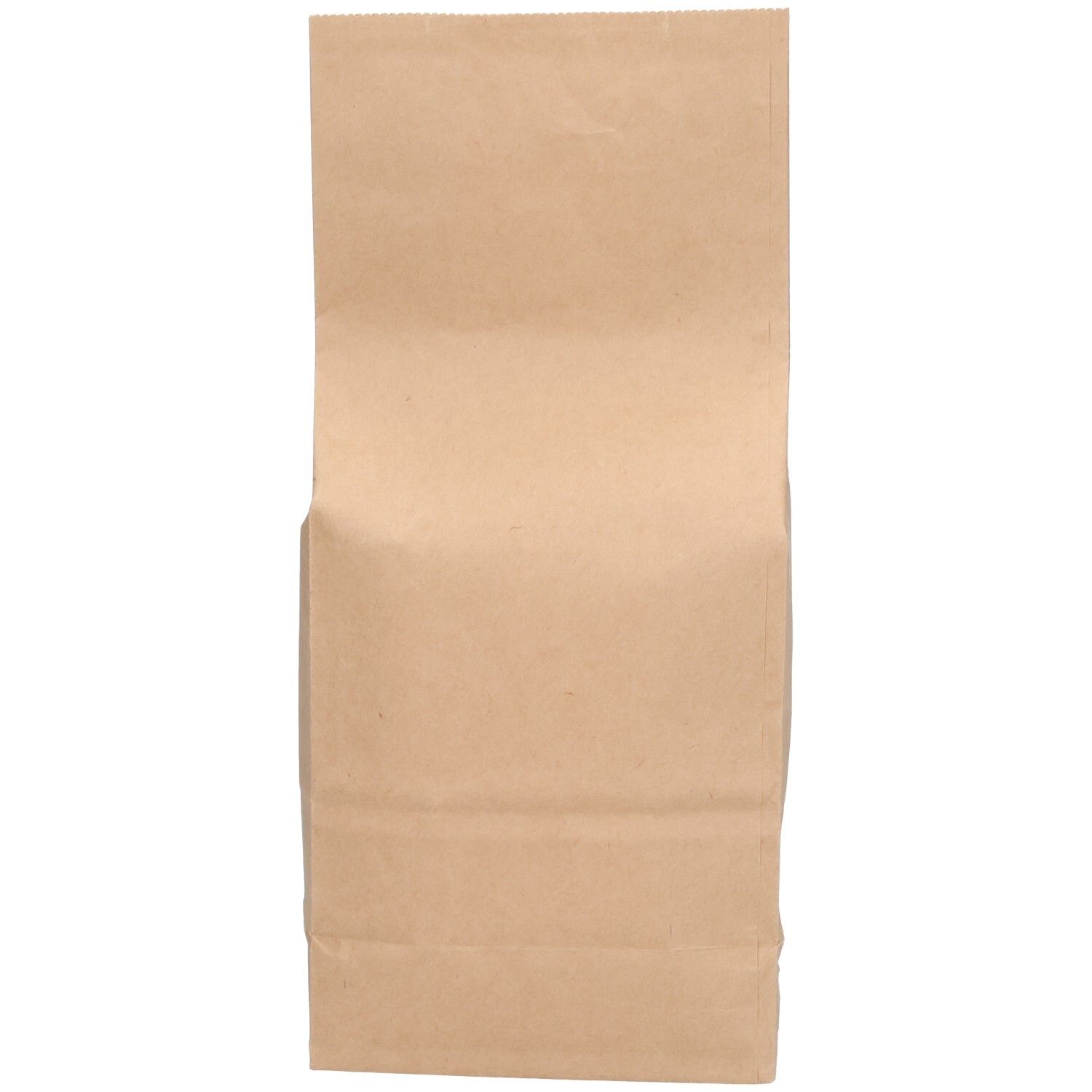 Sachet en papier brun, rectangulaire, vide. Face avant avec pli. Aucun autre détail visible.