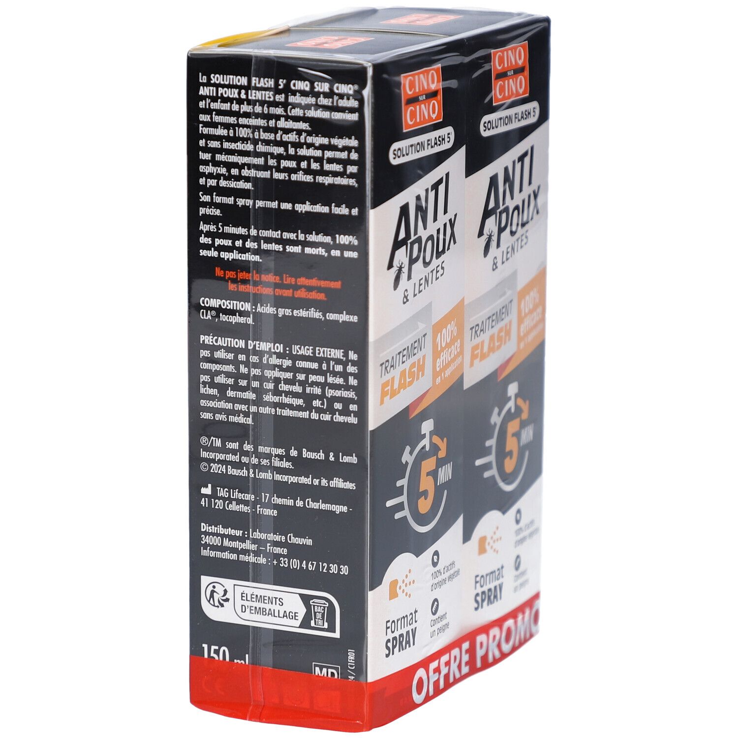 Boîte de Anti-Poux & Lentes. Texte: Traitement Flash, 100% efficace en 5 min. Contient 150 ml. Verso avec texte.