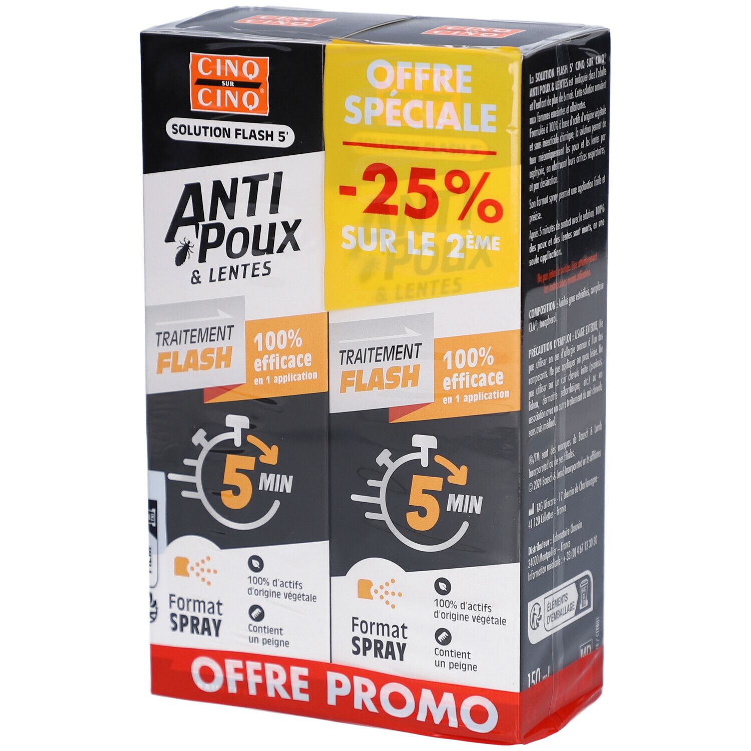 Boîte de Anti-Poux & Lentes. Deux produits. Texte: Traitement Flash, 100% efficace en 5 min, Format Spray. Offre Spéciale -25%.