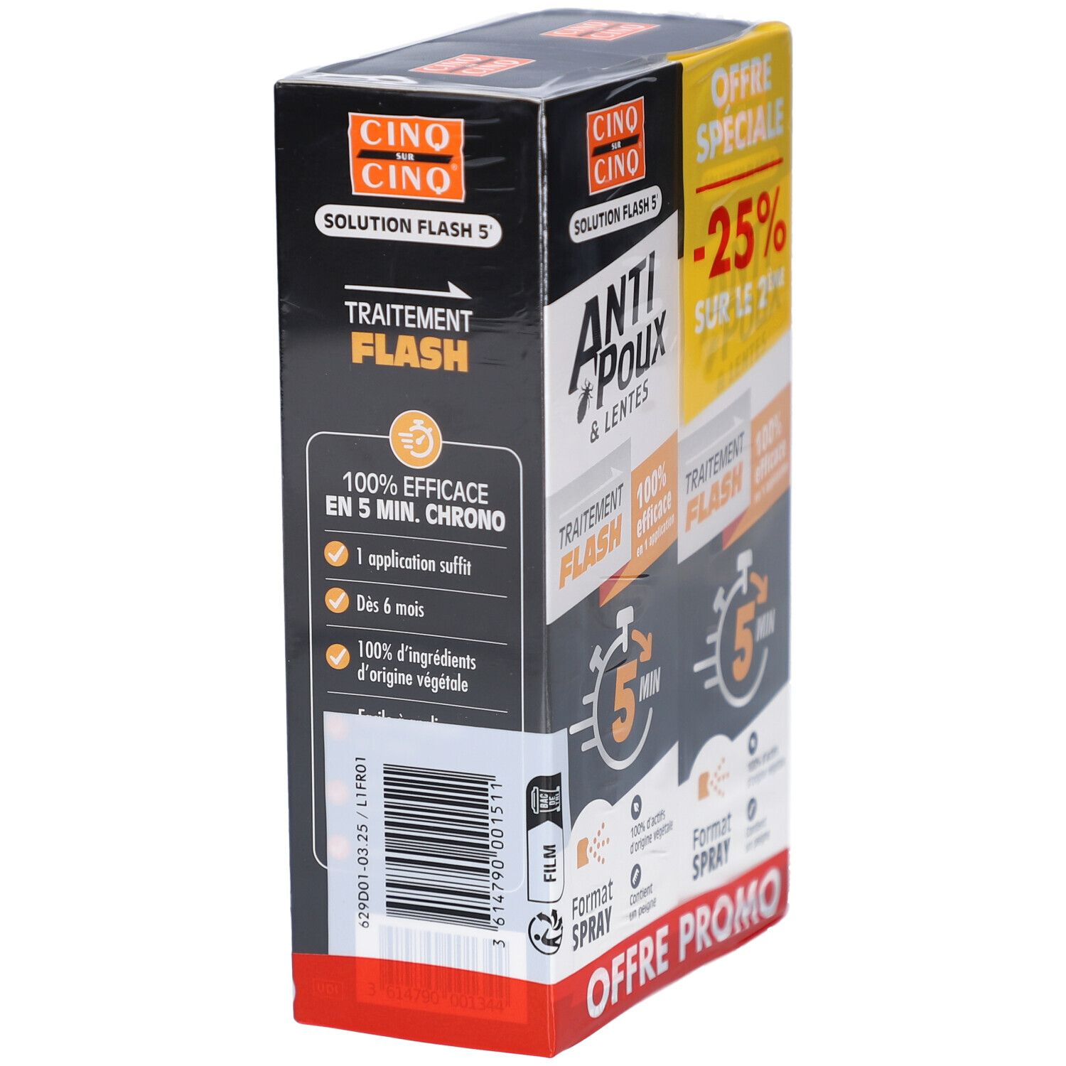 Boîte de Anti-Poux & Lentes. Texte: Traitement Flash, 100% efficace en 5 min. Verso avec texte. Offre Spéciale -25%.
