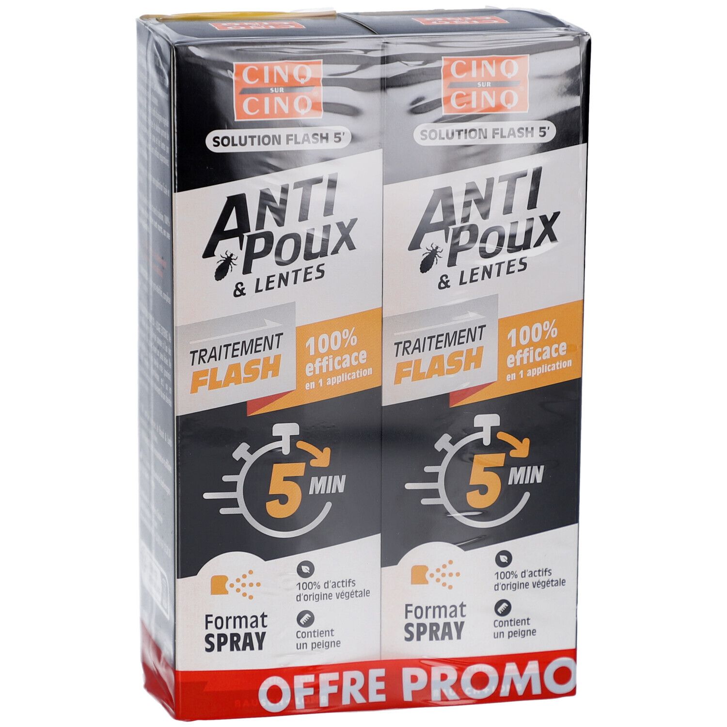 Boîte de Anti-Poux & Lentes. Deux produits. Texte: Traitement Flash, 100% efficace en 5 min, Format Spray, Offre Promo.