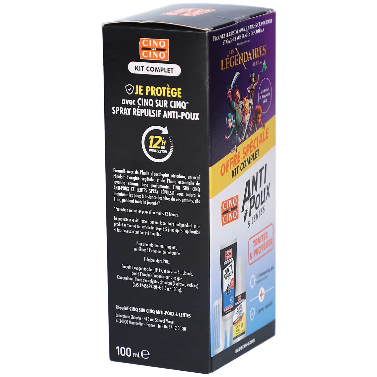 Vue latérale de la boîte. Texte: Spray répulsif Anti-Poux. Protection 12 heures.