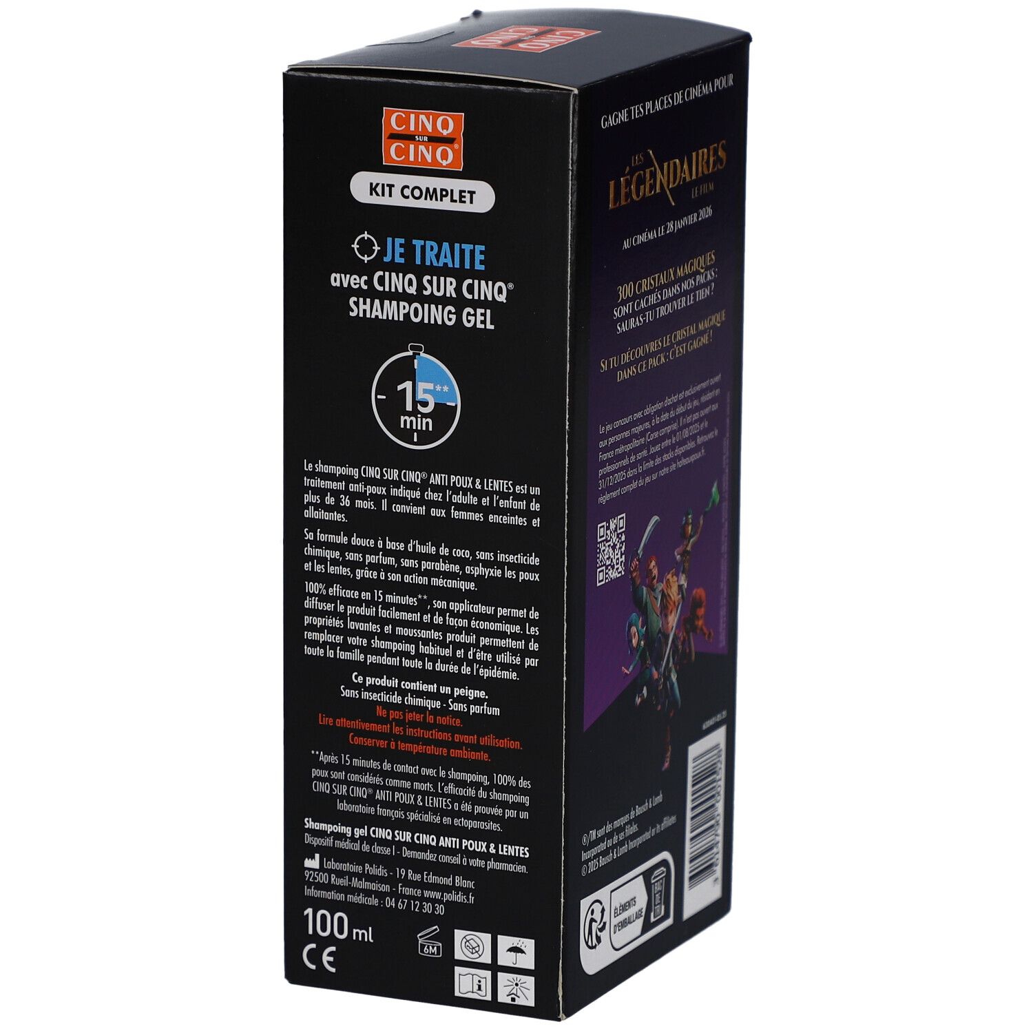 Vue latérale de la boîte. Texte: Shampooing gel Anti-Poux. Temps de contact 15 minutes.