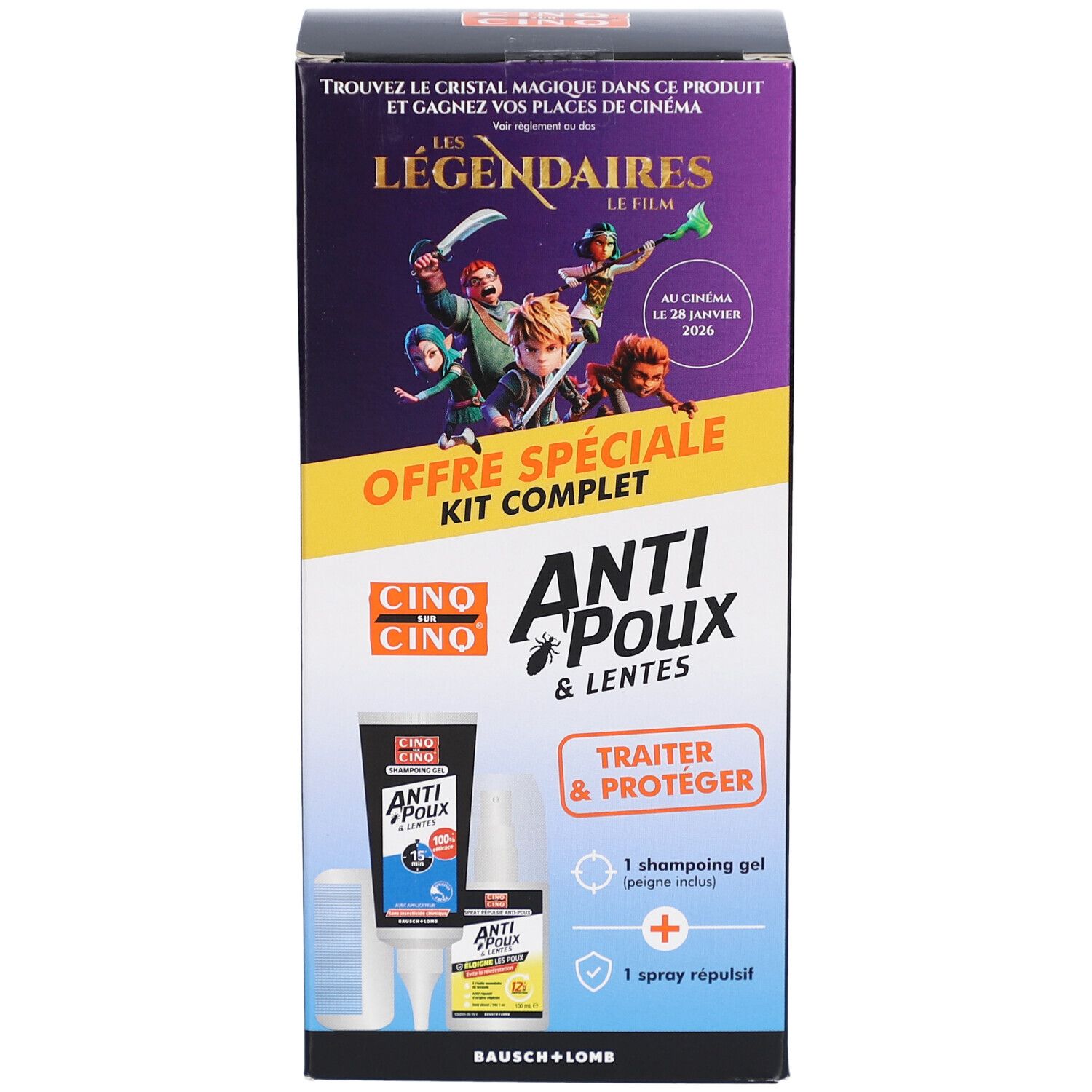 Vue de face de la boîte. Kit Complet Anti-Poux & Lentes. Contient gel shampooing et spray.