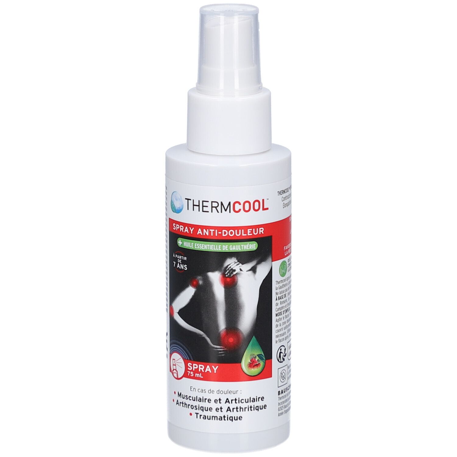 Spray blanc THERMCOOL. Illustration d'un dos avec points de douleur. Texte: Spray Anti-Douleur. Contient de la Gaulthérie.