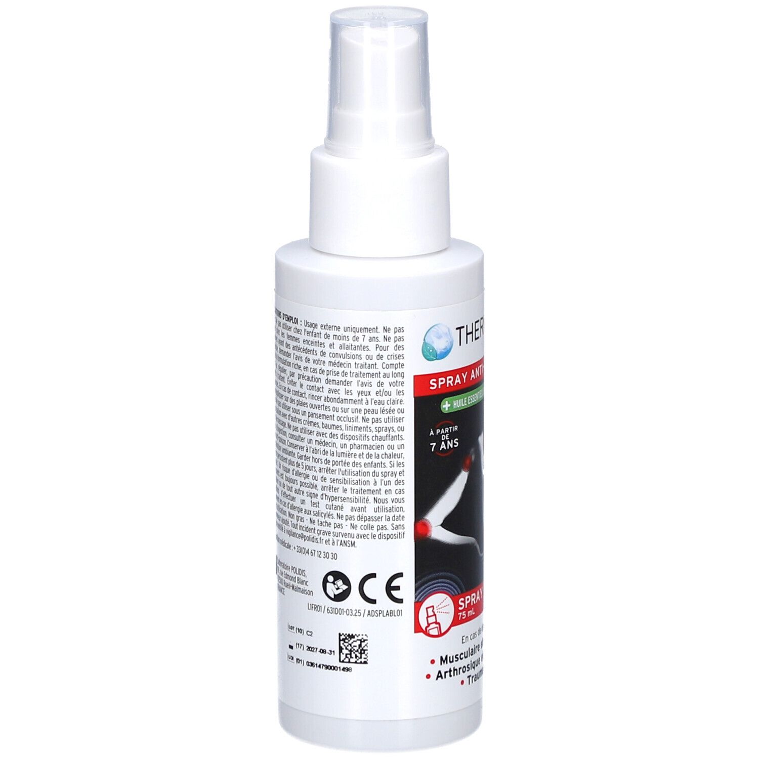 Spray blanc avec texte. Dos avec texte et code QR. Marquage CE. Texte: Spray Anti-Douleur.