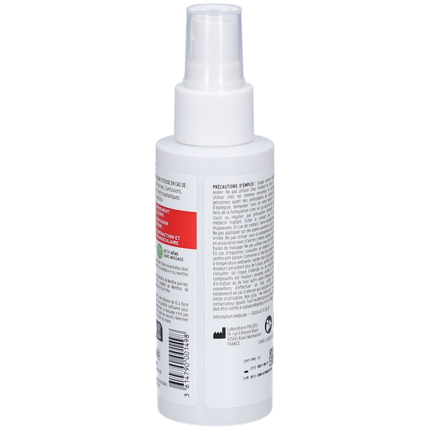 Spray blanc. Dos avec texte. Texte: Précautions d'emploi. Code-barres et logo.