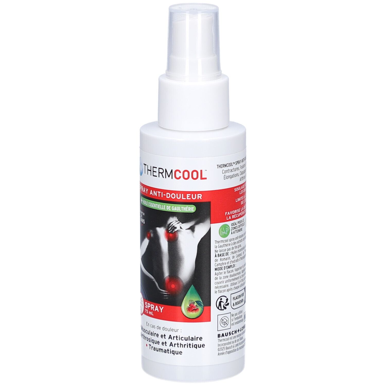 Spray blanc THERMCOOL. Illustration d'un dos avec points de douleur. Texte: Spray Anti-Douleur. Pour enfants.