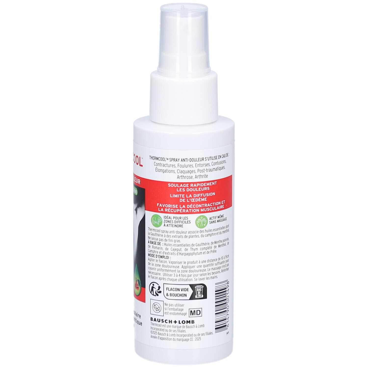Spray blanc avec texte. Dos avec texte. Texte: Spray Anti-Douleur. Logo Bausch + Lomb.
