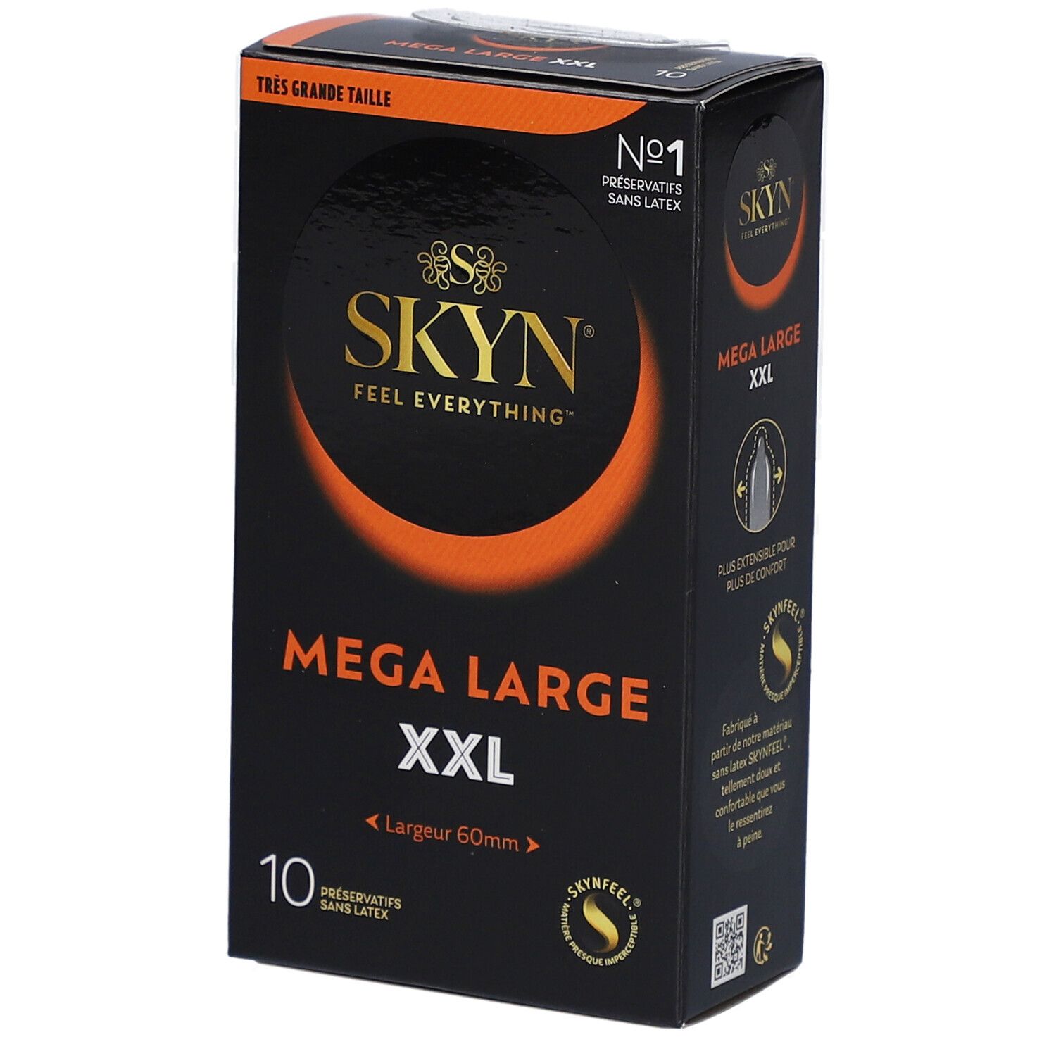 Boîte noire SKYN MEGA LARGE XXL, 10 préservatifs, taille 60mm. Logo SKYN et mentions en français.