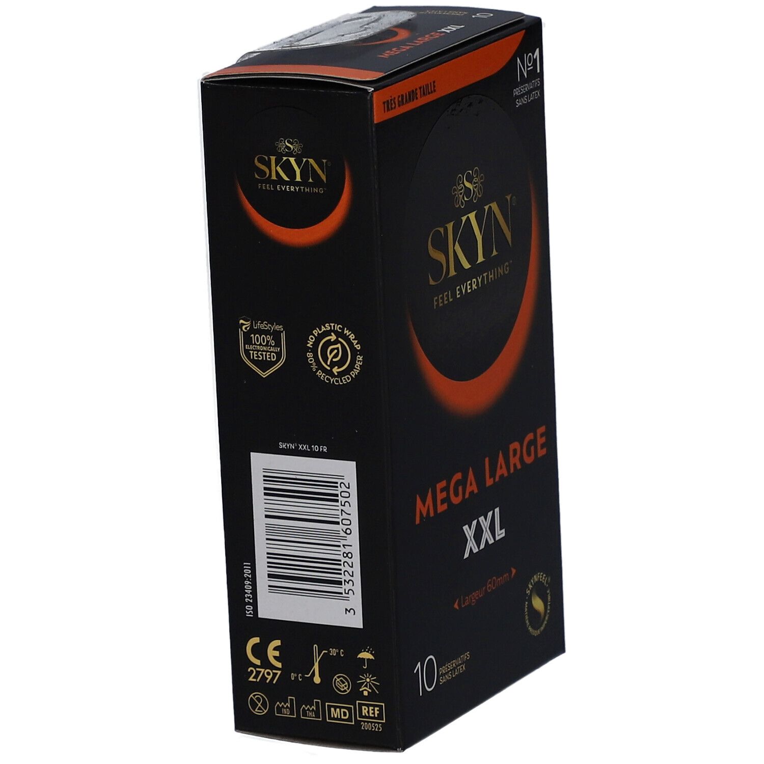 Boîte noire SKYN MEGA LARGE XXL, 10 préservatifs. Arrière avec informations et logos.