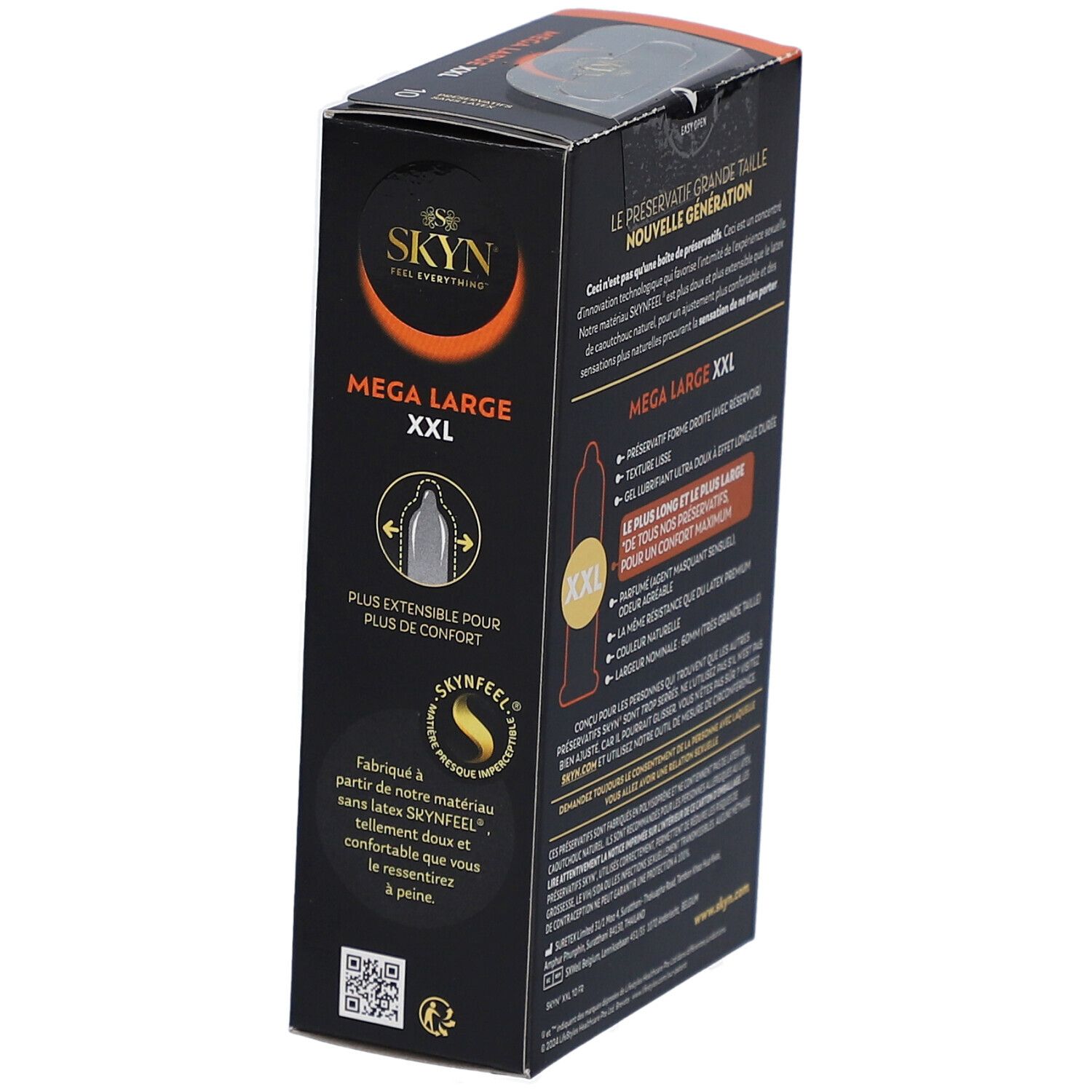 Boîte noire SKYN MEGA LARGE XXL. Contient des informations et une illustration.