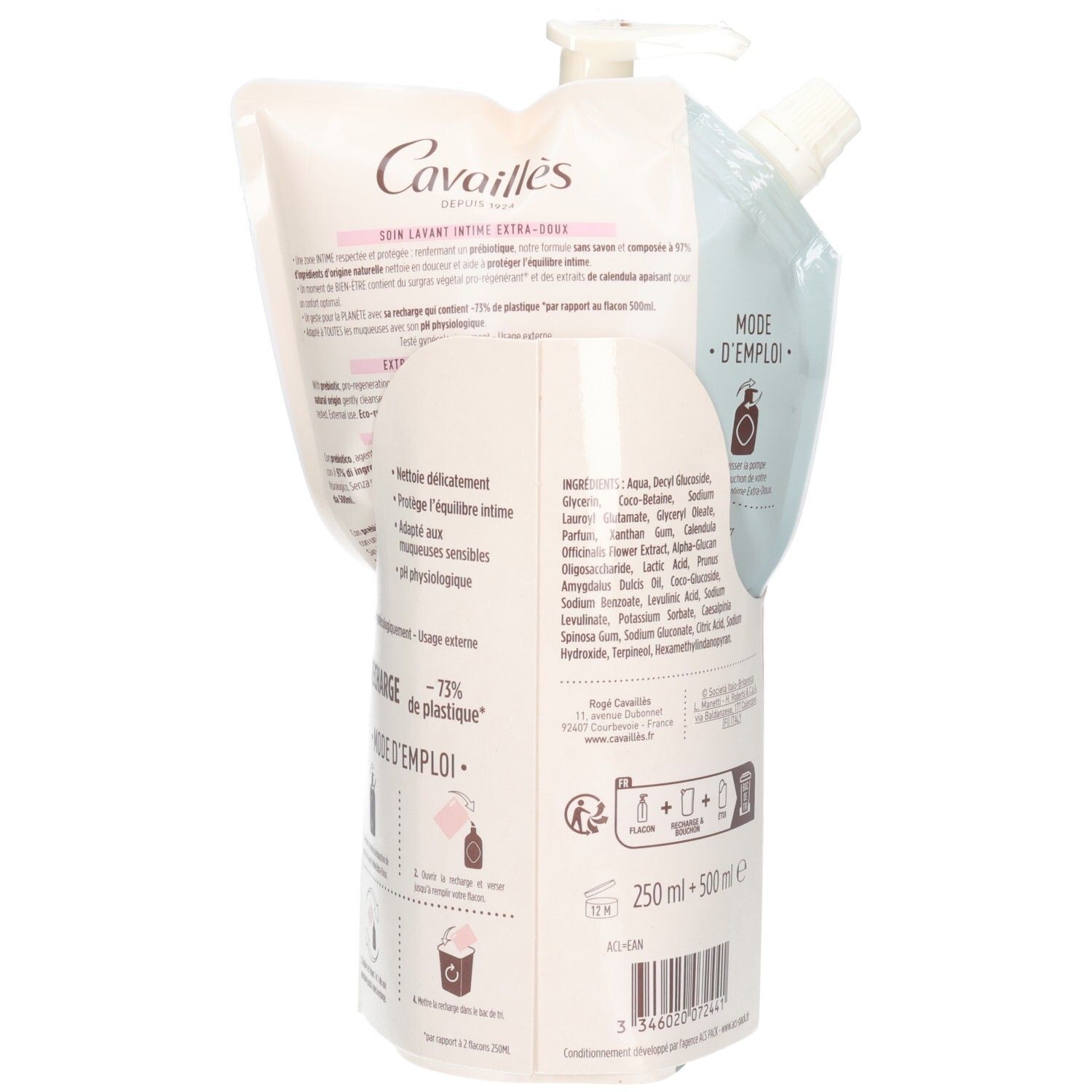 Dos du flacon et recharge. Texte: Cavaillès, ingrédients, mode d'emploi, 250 ml + 500 ml.