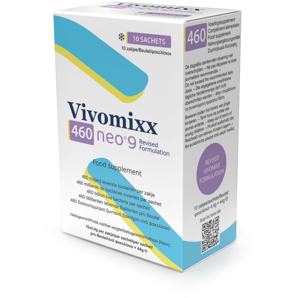 Complément alimentaire Vivomixx neo® 9 en boîte de 10 sachets.