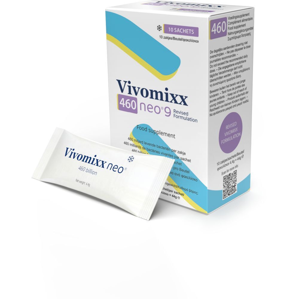 Complément alimentaire Vivomixx neo® 9, une boîte et un sachet individuel.