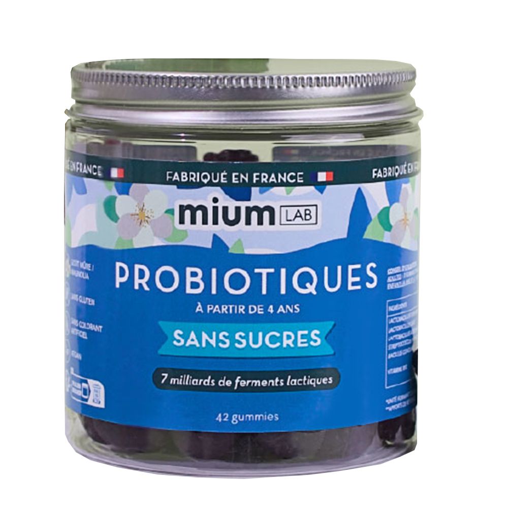 Pot de gummies. Inscription : PROBIOTIQUES, Sans Sucres, 7 milliards de ferments lactiques, 42 gummies. Fabriqué en France.