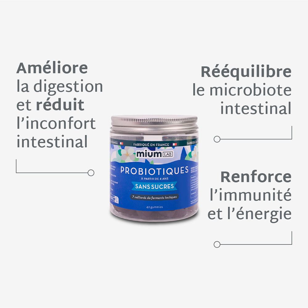 Pot de gummies probiotiques. Texte : Améliore la digestion, rééquilibre la flore intestinale, renforce l'immunité.