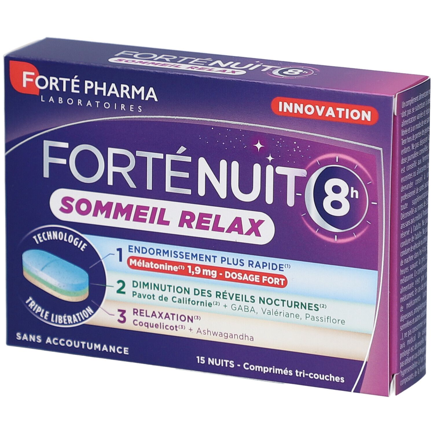 Boîte avec nom et logo du produit. Comprimé bleu, blanc et vert illustré. Texte: FORTENUIT 8H SOMMEIL RELAX CPR 15.