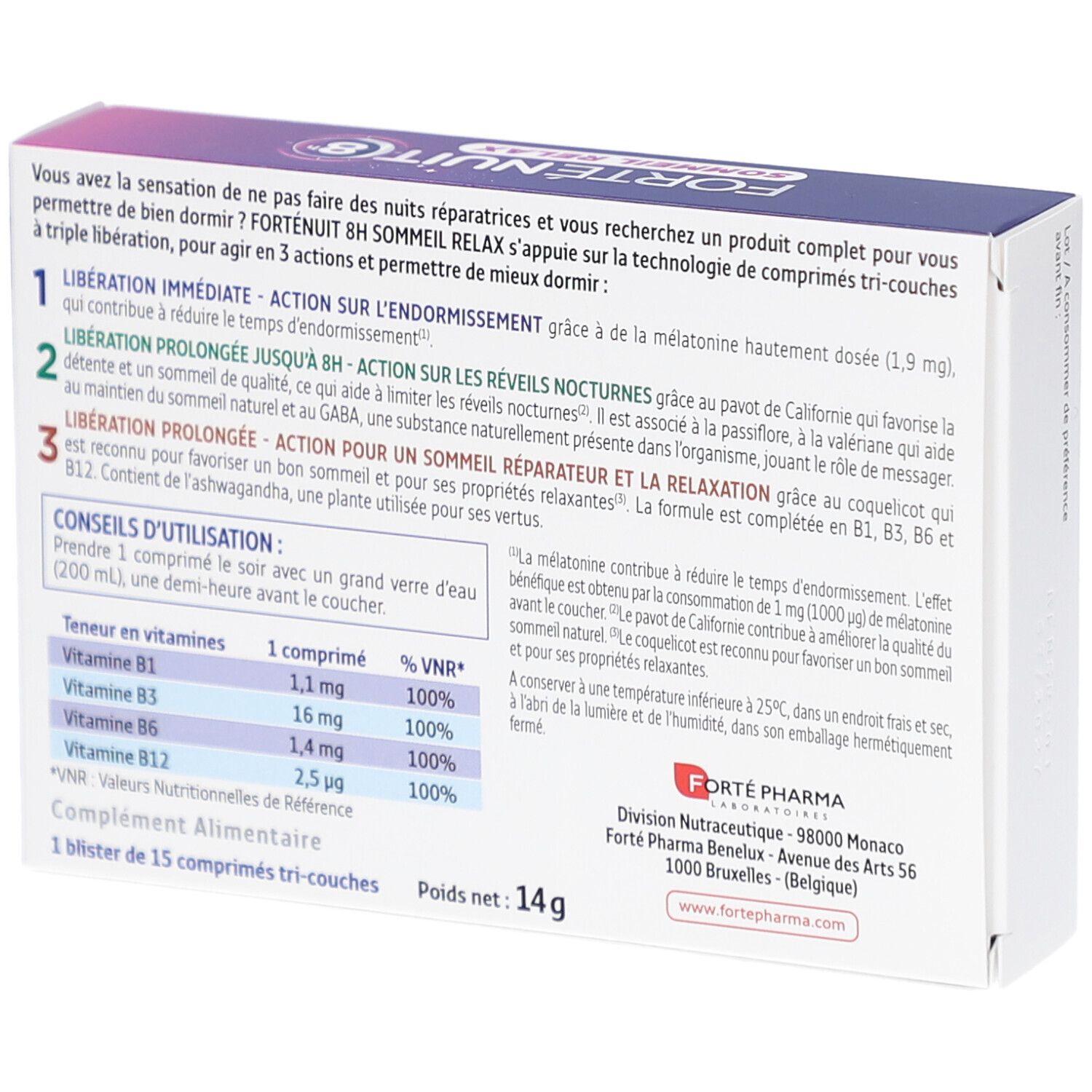 Dos de la boîte. Informations textuelles et informations nutritionnelles. Logo du fabricant. Poids : 14g. Texte: FORTENUIT 8H SOMMEIL RELAX.