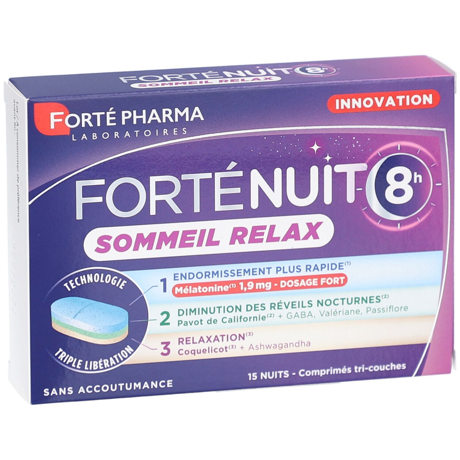 Boîte avec nom et logo du produit. Comprimé bleu, blanc et vert illustré. Texte: FORTENUIT 8H SOMMEIL RELAX CPR 15.