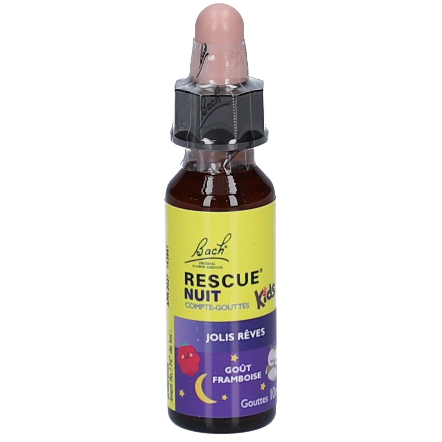 Flacon en verre brun avec bouchon rose. Étiquette jaune avec texte: RESCUE NUIT Kids, Jolis Rêves, Gout Framboise.