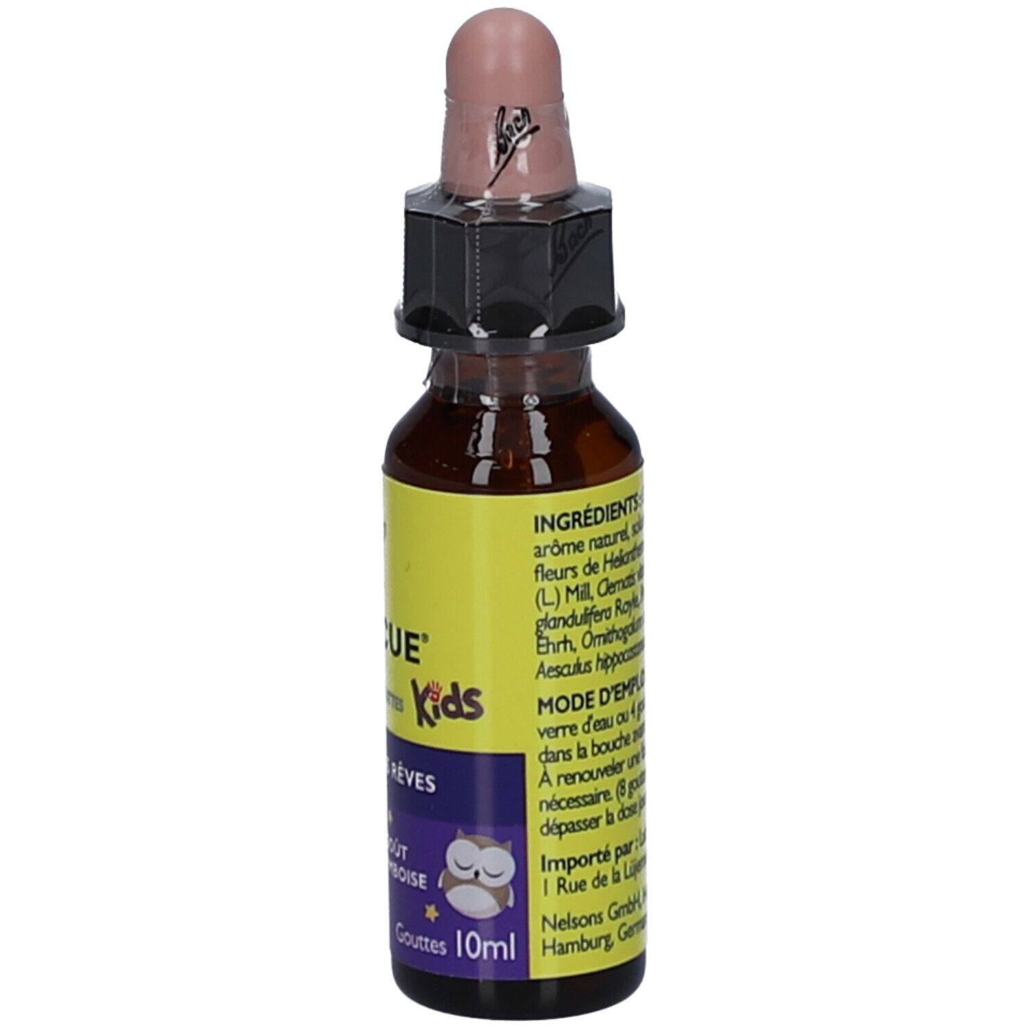 Flacon en verre brun avec étiquette jaune. Texte: RESCUE NUIT, ingrédients, mode d'emploi, informations fabricant.