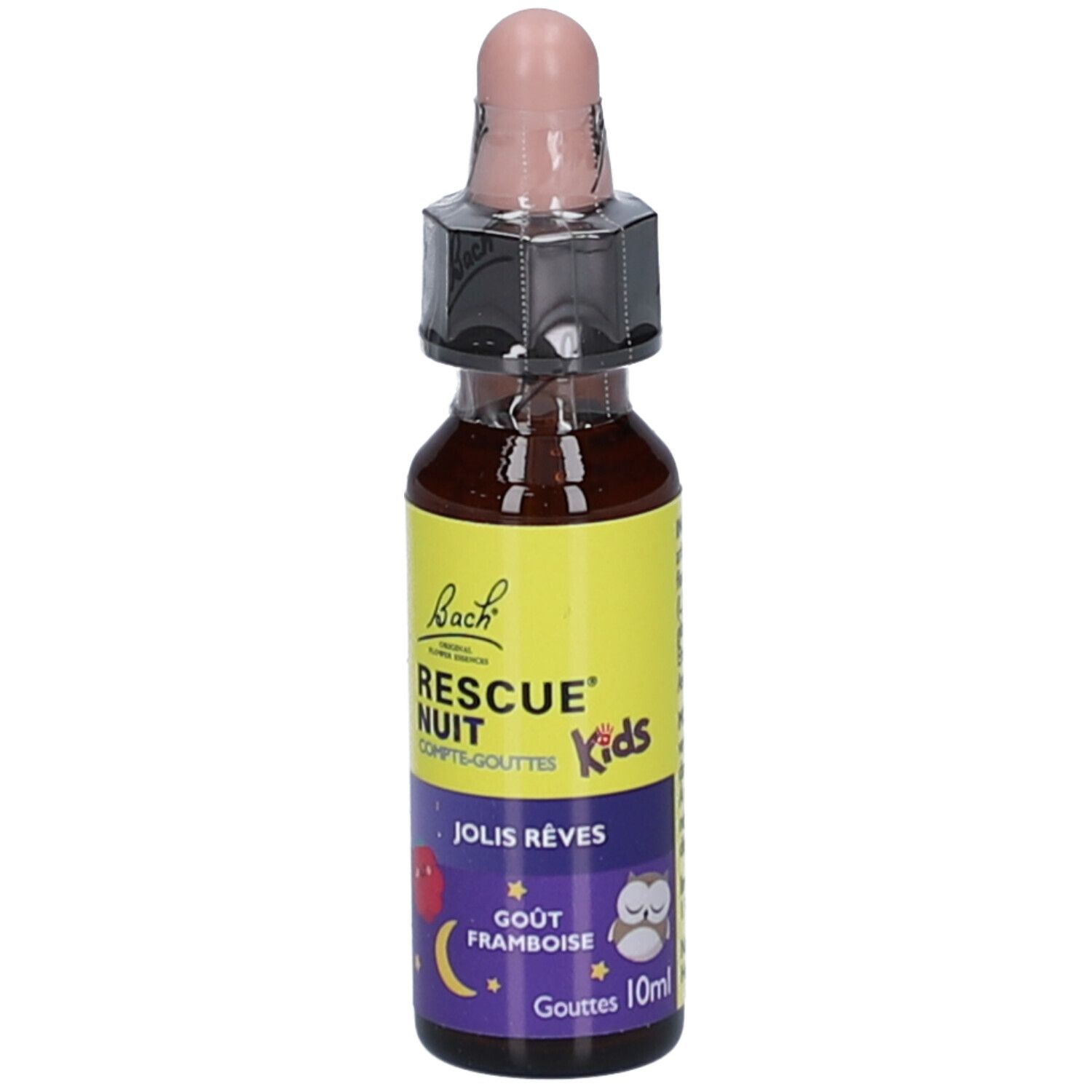Flacon en verre brun avec bouchon rose. Étiquette jaune avec texte: RESCUE NUIT Kids, Jolis Rêves, Gout Framboise.