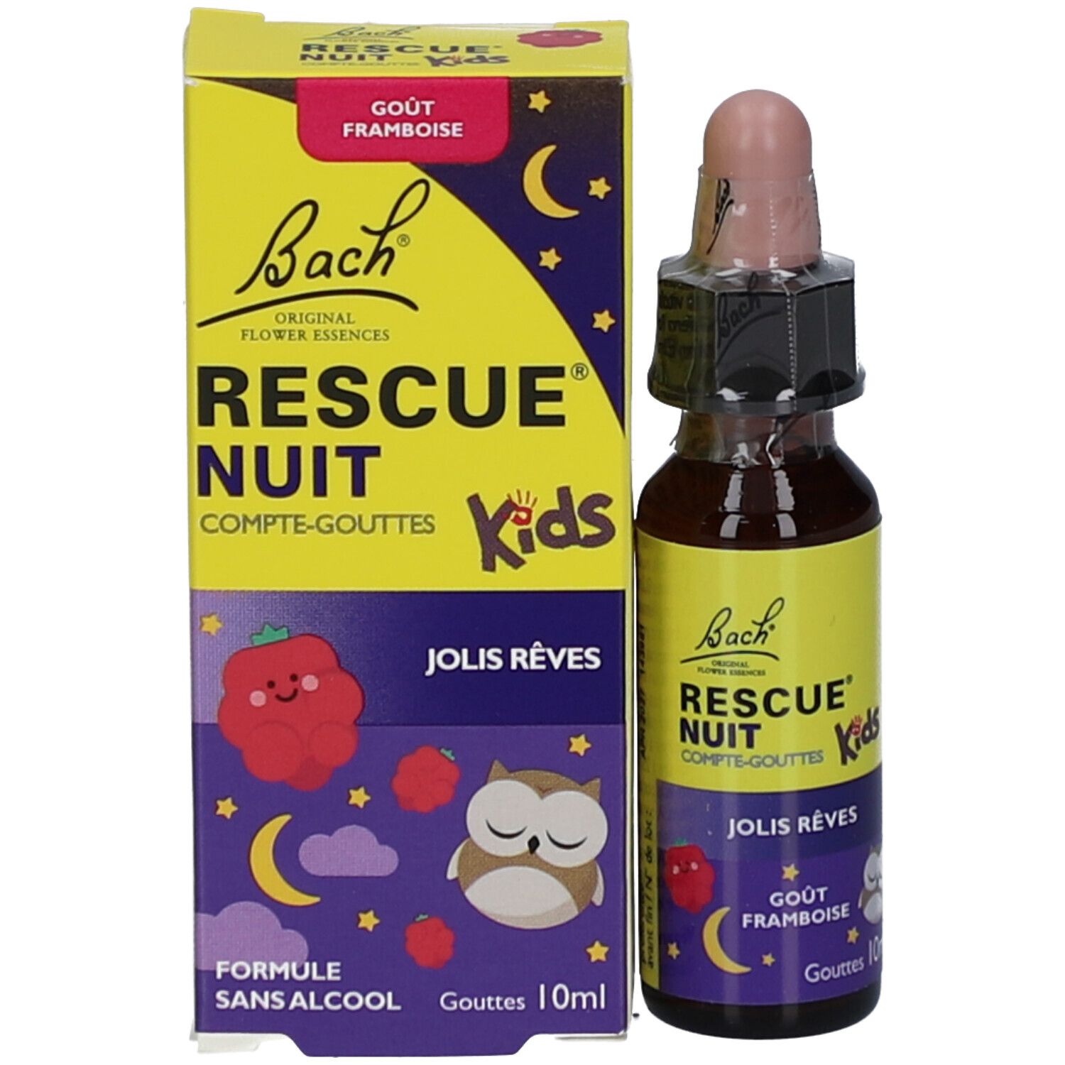 Produit et emballage. Boîte jaune avec texte: RESCUE NUIT Kids, Jolis Rêves, Gout Framboise. Flacon à côté.