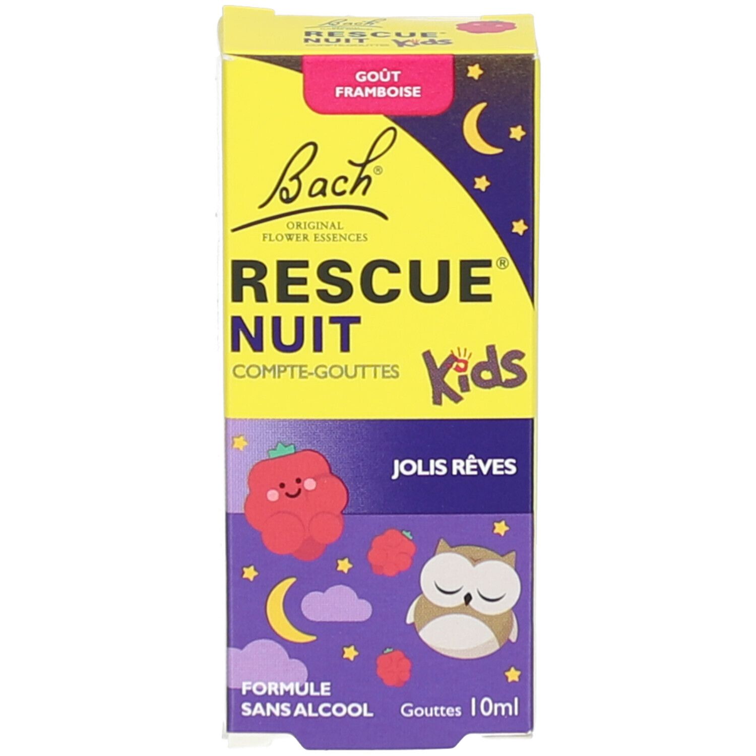 Boîte jaune avec texte: RESCUE NUIT Kids, Jolis Rêves, Gout Framboise. Illustration: lune, étoiles, framboise, hibou.
