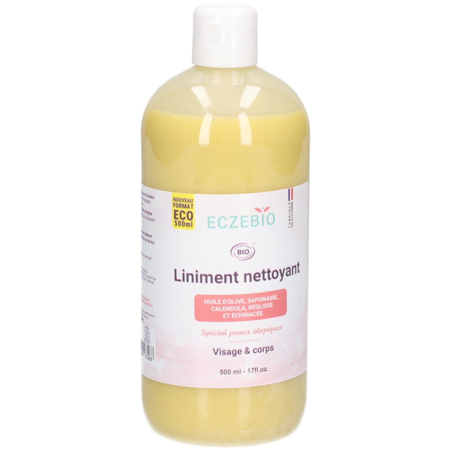 Flacon de liniment jaune, étiquette "Liniment nettoyant" et "Visage & corps".