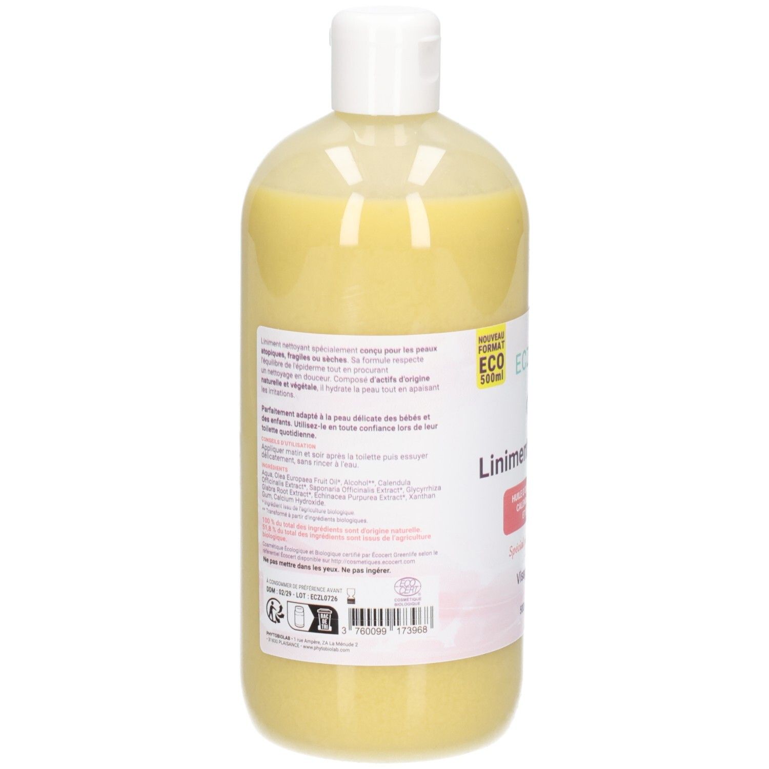 Arrière d'un flacon de liniment jaune, étiquette avec ingrédients et label bio.